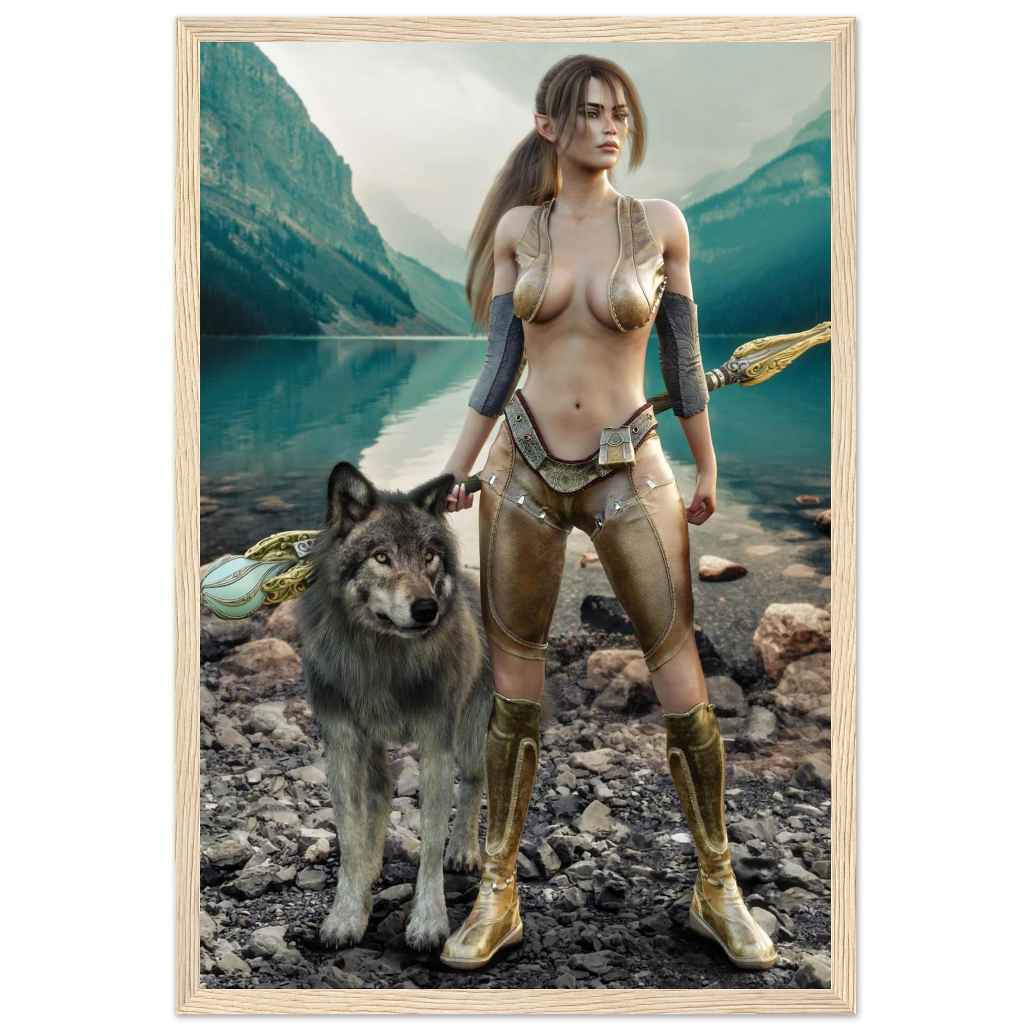A framed art print depicting a fantasy scene of a woman in metallic bronze armor standing on a rocky shore next to a wolf, with a mountain lake in the background.