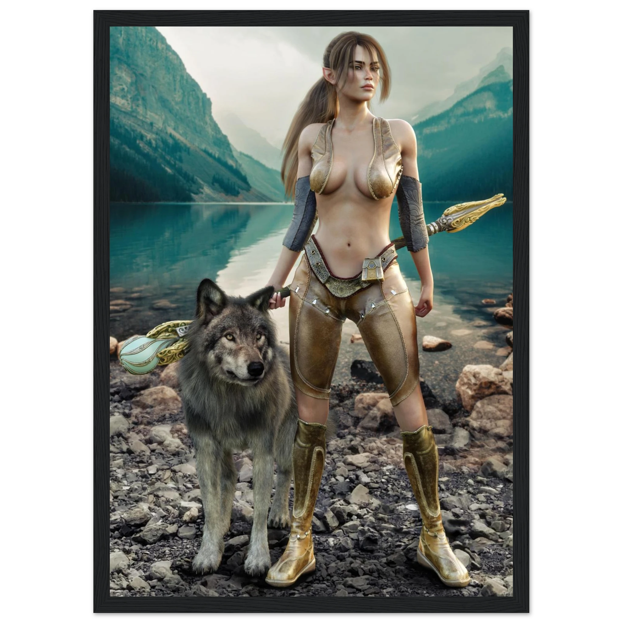 A framed art print depicting a fantasy scene of a woman in metallic gold armor standing on a rocky lakeshore with a wolf, set against mountains and water.