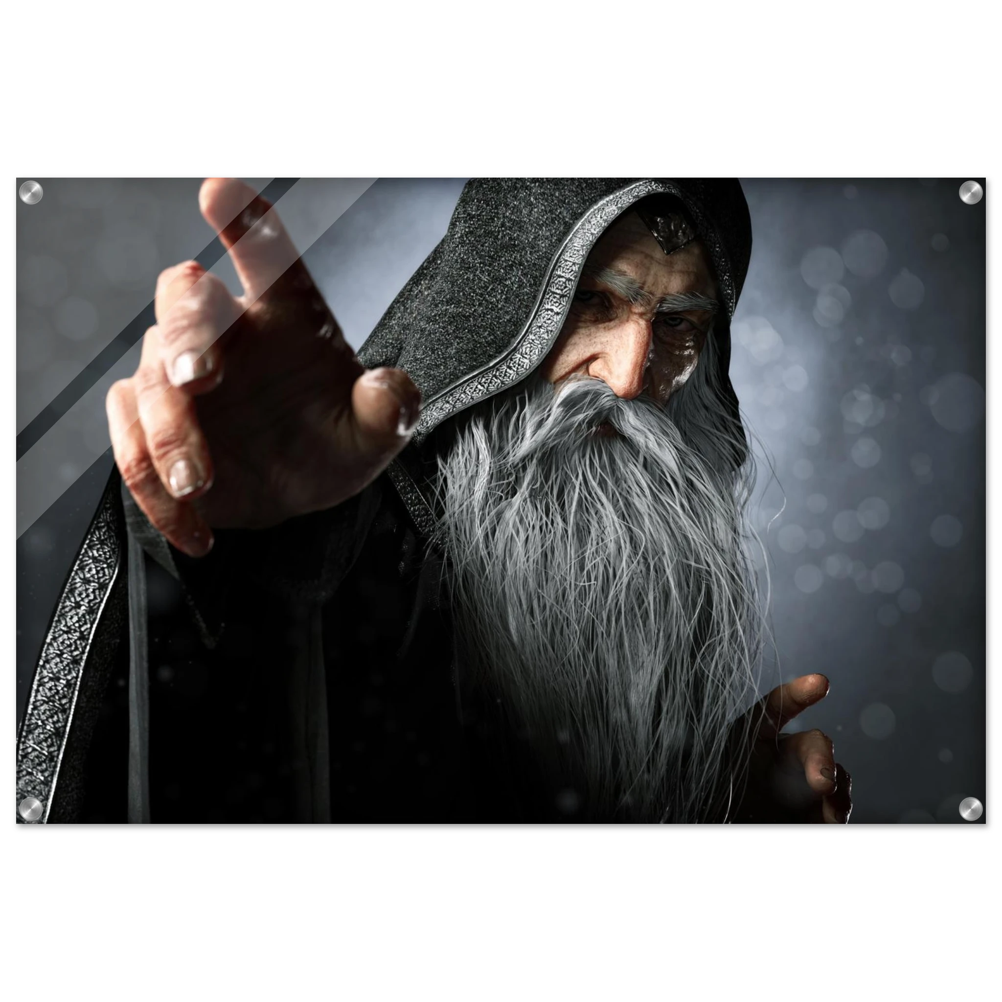 Handcrafted fantasy artwork featuring an elderly hooded wizard with a flowing silver beard reaching forward while casting powerful arcane magic. Premium fantasy wall art for RPG enthusiasts, wizard collectors, gaming rooms, libraries, and medieval décor.