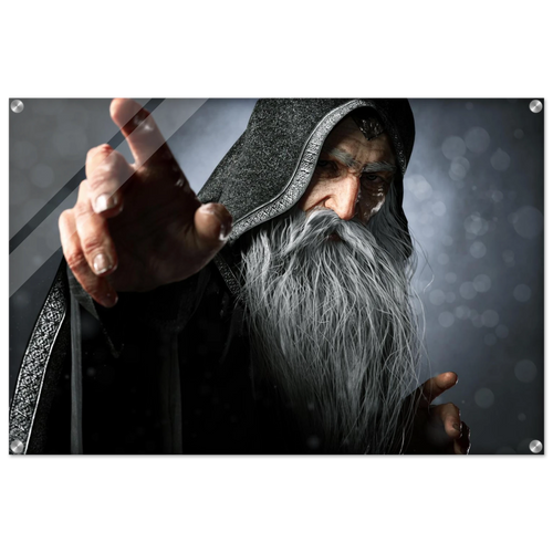 Handcrafted fantasy artwork featuring an elderly hooded wizard with a flowing silver beard reaching forward while casting powerful arcane magic. Premium fantasy wall art for RPG enthusiasts, wizard collectors, gaming rooms, libraries, and medieval décor.