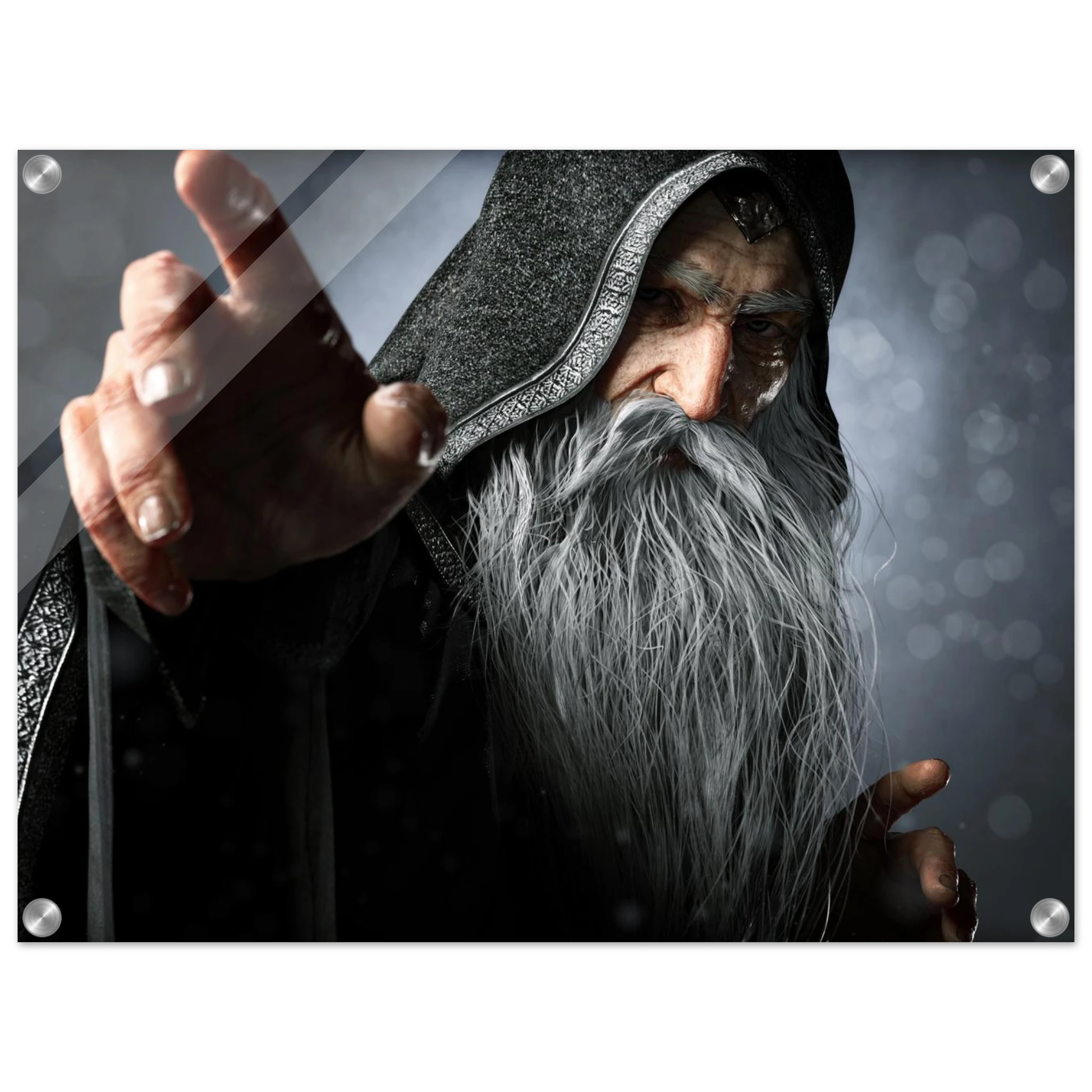 Handcrafted fantasy artwork featuring an elderly hooded wizard with a flowing silver beard reaching forward while casting powerful arcane magic. Premium fantasy wall art for RPG enthusiasts, wizard collectors, gaming rooms, libraries, and medieval décor.