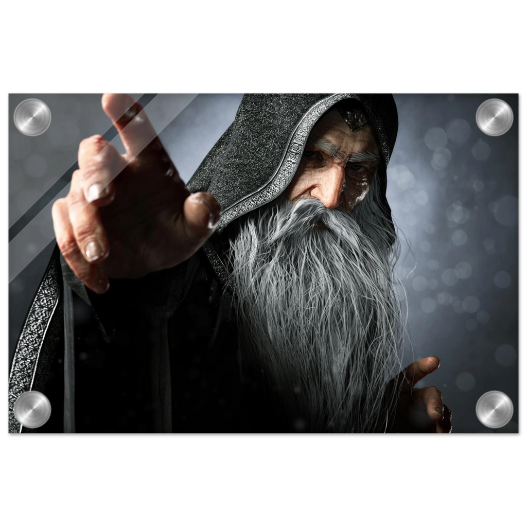 Handcrafted fantasy artwork featuring an elderly hooded wizard with a flowing silver beard reaching forward while casting powerful arcane magic. Premium fantasy wall art for RPG enthusiasts, wizard collectors, gaming rooms, libraries, and medieval décor.