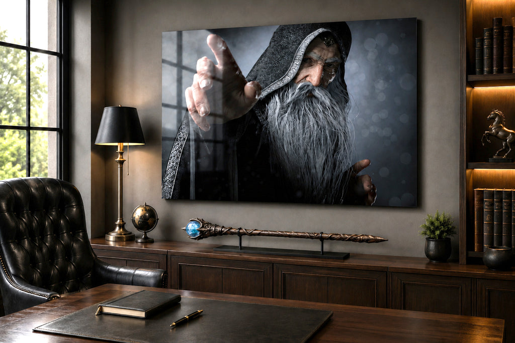 Handcrafted fantasy artwork featuring an elderly hooded wizard with a flowing silver beard reaching forward while casting powerful arcane magic. Premium fantasy wall art for RPG enthusiasts, wizard collectors, gaming rooms, libraries, and medieval décor.