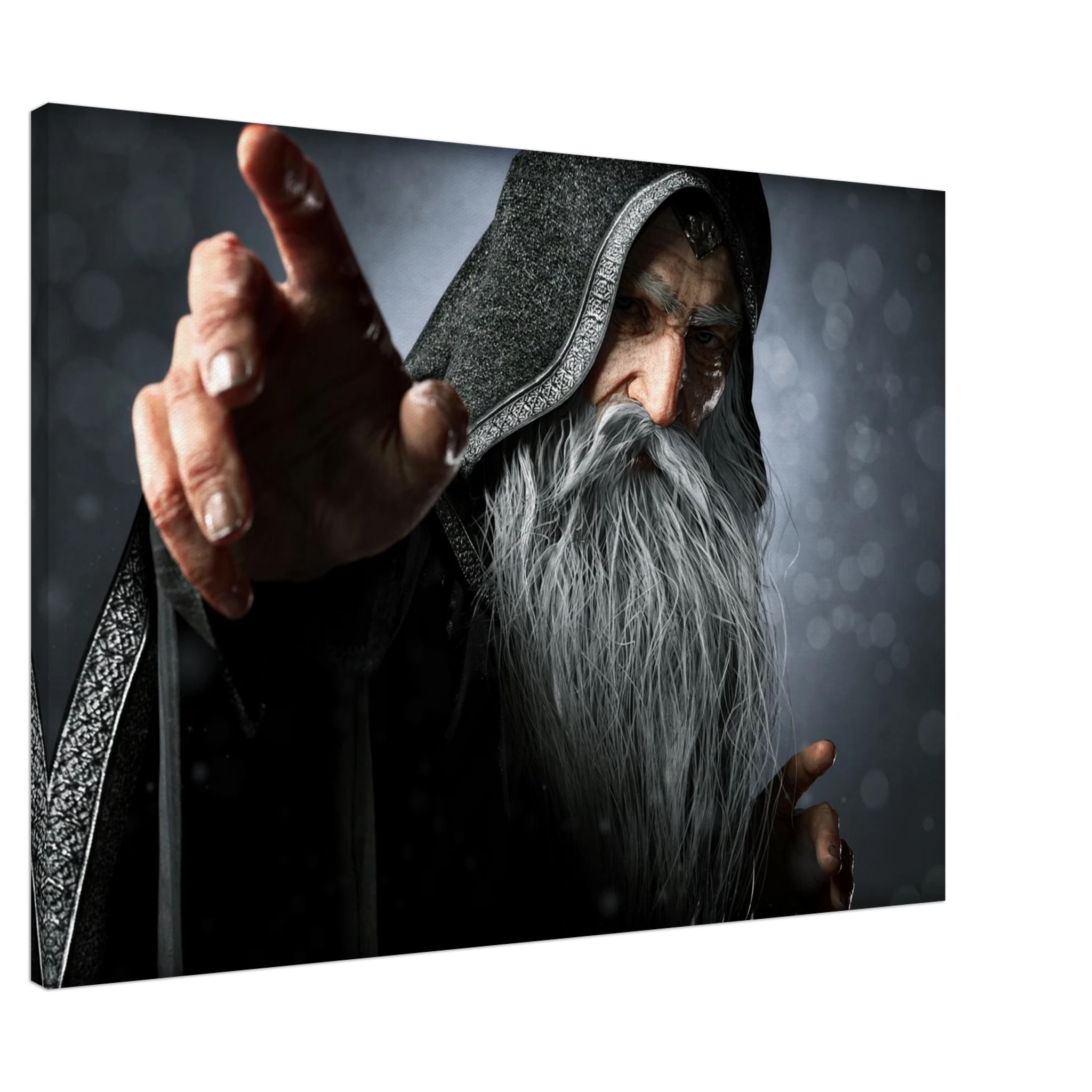 Handcrafted fantasy artwork featuring an elderly hooded wizard with a flowing silver beard reaching forward while casting powerful arcane magic. Premium fantasy wall art for RPG enthusiasts, wizard collectors, gaming rooms, libraries, and medieval décor.