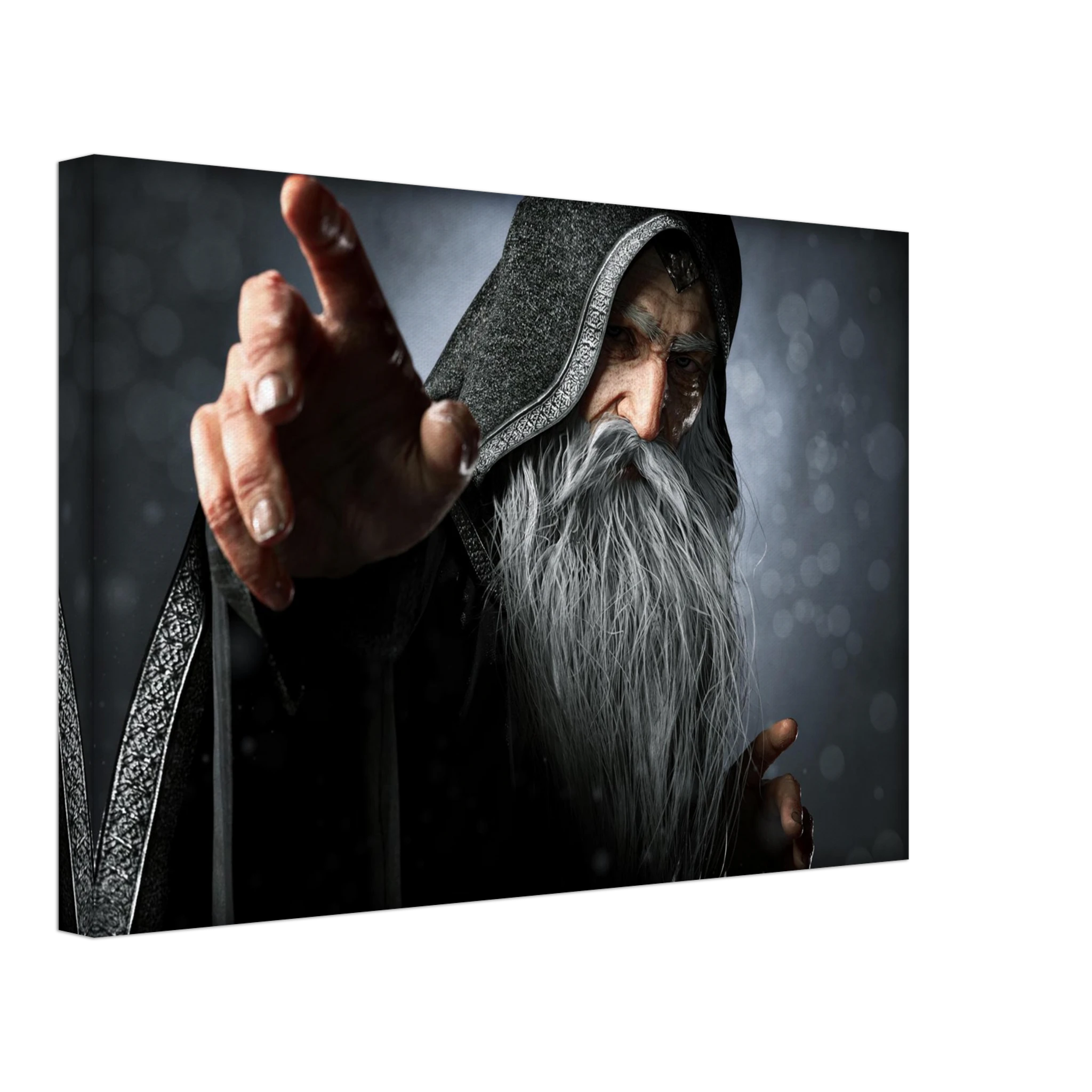 Handcrafted fantasy artwork featuring an elderly hooded wizard with a flowing silver beard reaching forward while casting powerful arcane magic. Premium fantasy wall art for RPG enthusiasts, wizard collectors, gaming rooms, libraries, and medieval décor.
