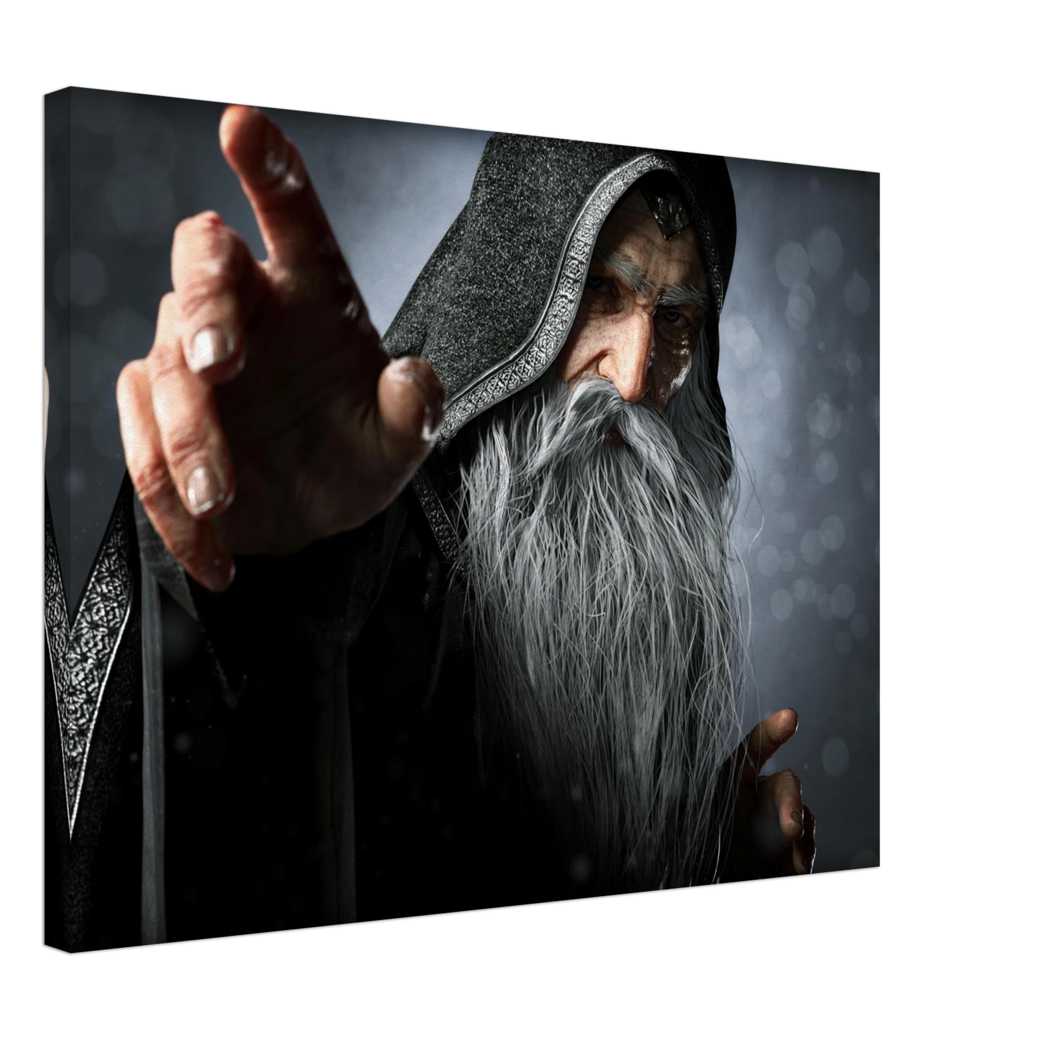 Handcrafted fantasy artwork featuring an elderly hooded wizard with a flowing silver beard reaching forward while casting powerful arcane magic. Premium fantasy wall art for RPG enthusiasts, wizard collectors, gaming rooms, libraries, and medieval décor.