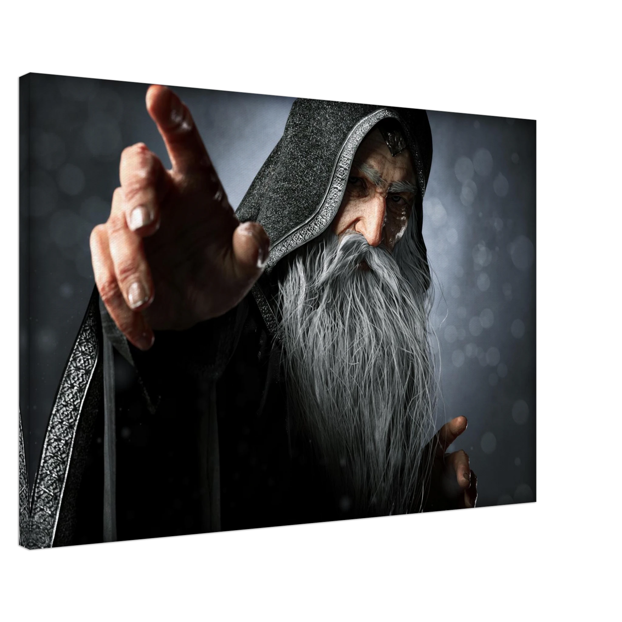 Handcrafted fantasy artwork featuring an elderly hooded wizard with a flowing silver beard reaching forward while casting powerful arcane magic. Premium fantasy wall art for RPG enthusiasts, wizard collectors, gaming rooms, libraries, and medieval décor.