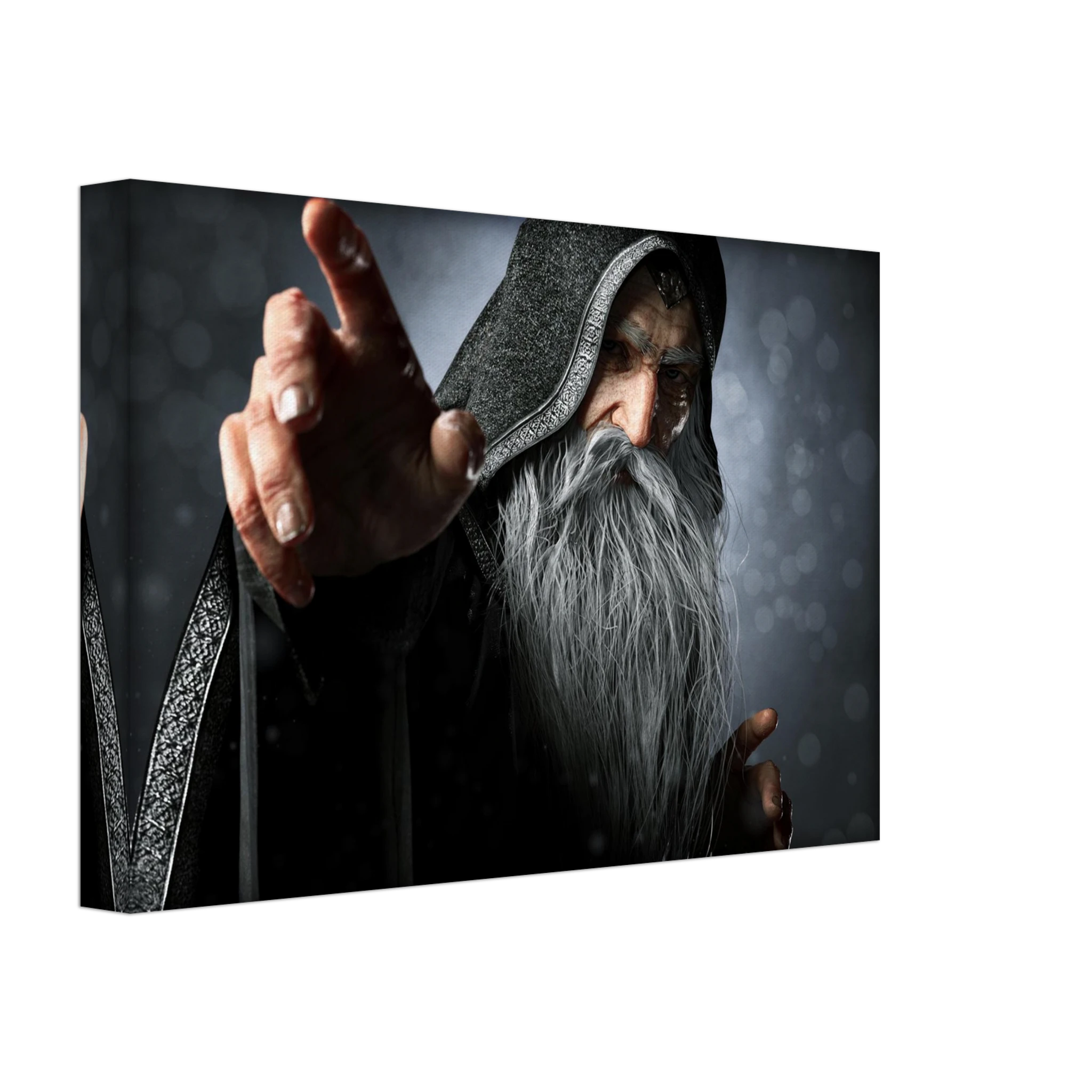 Handcrafted fantasy artwork featuring an elderly hooded wizard with a flowing silver beard reaching forward while casting powerful arcane magic. Premium fantasy wall art for RPG enthusiasts, wizard collectors, gaming rooms, libraries, and medieval décor.
