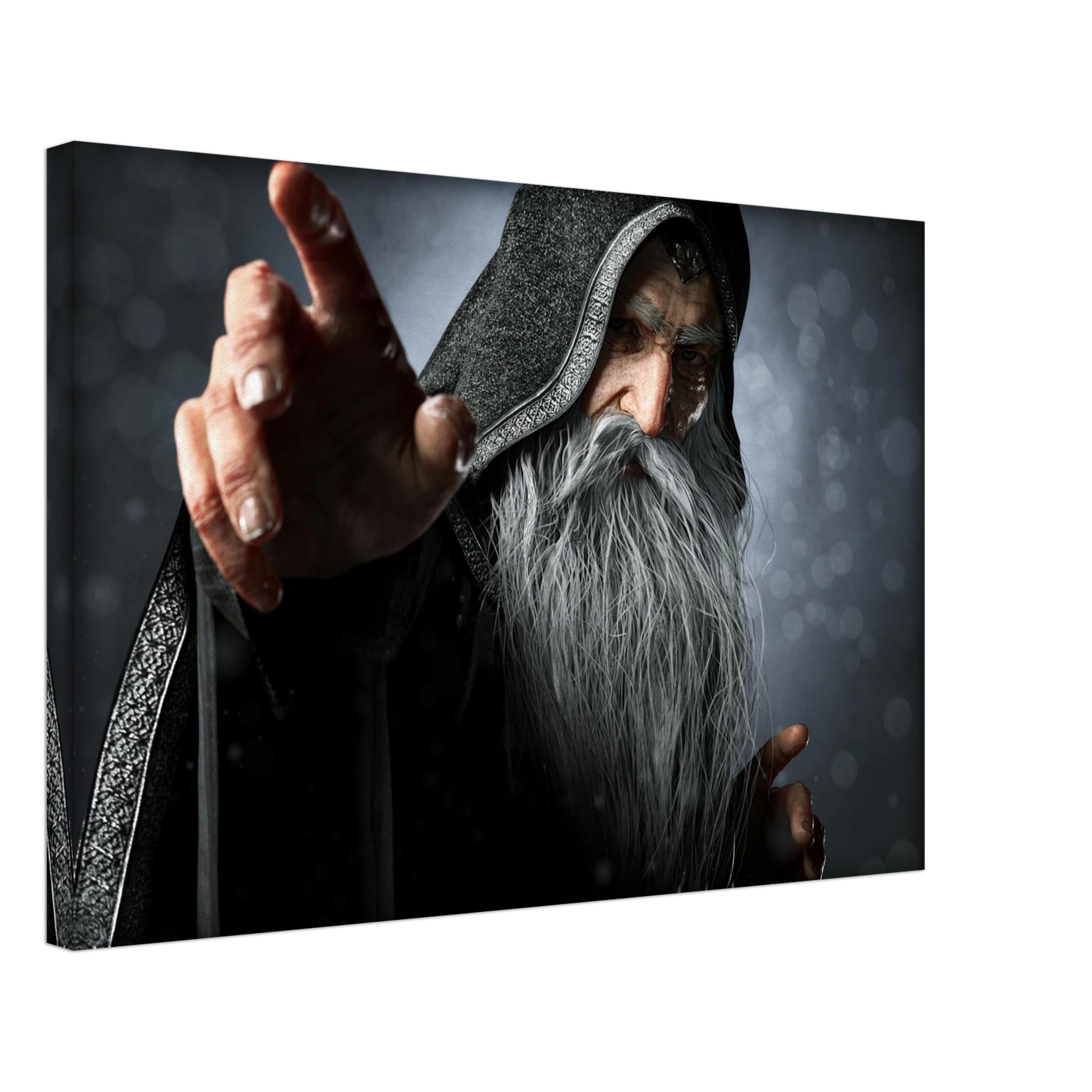 Handcrafted fantasy artwork featuring an elderly hooded wizard with a flowing silver beard reaching forward while casting powerful arcane magic. Premium fantasy wall art for RPG enthusiasts, wizard collectors, gaming rooms, libraries, and medieval décor.