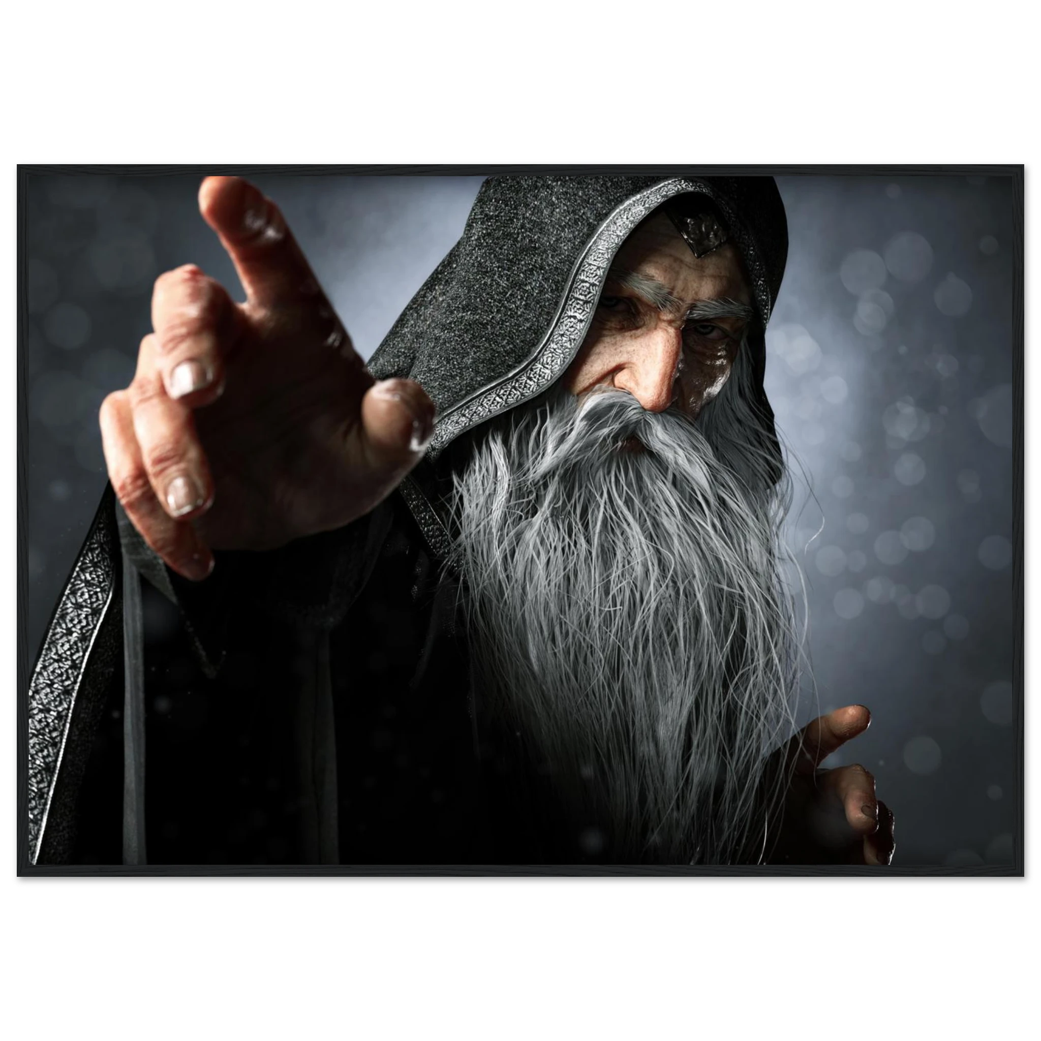 A rectangular wall art print showing a close-up portrait of an elderly wizard or sorcerer with a long white beard, dark hood, and outstretched hand against a smoky gray background.