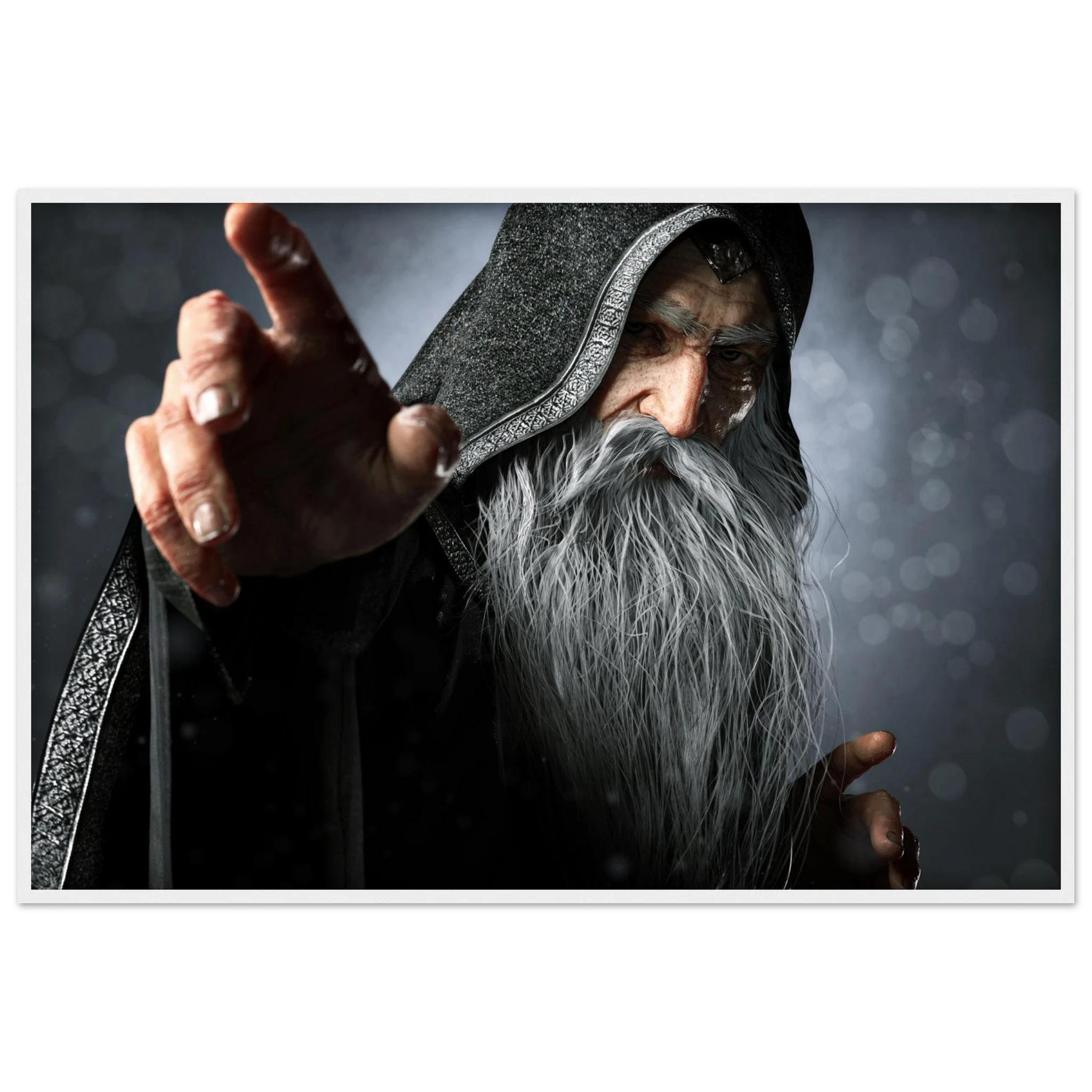 A framed art print depicting a fantasy wizard with a long white beard, wearing a dark hooded robe, pointing his hand forward against a dark, atmospheric background.