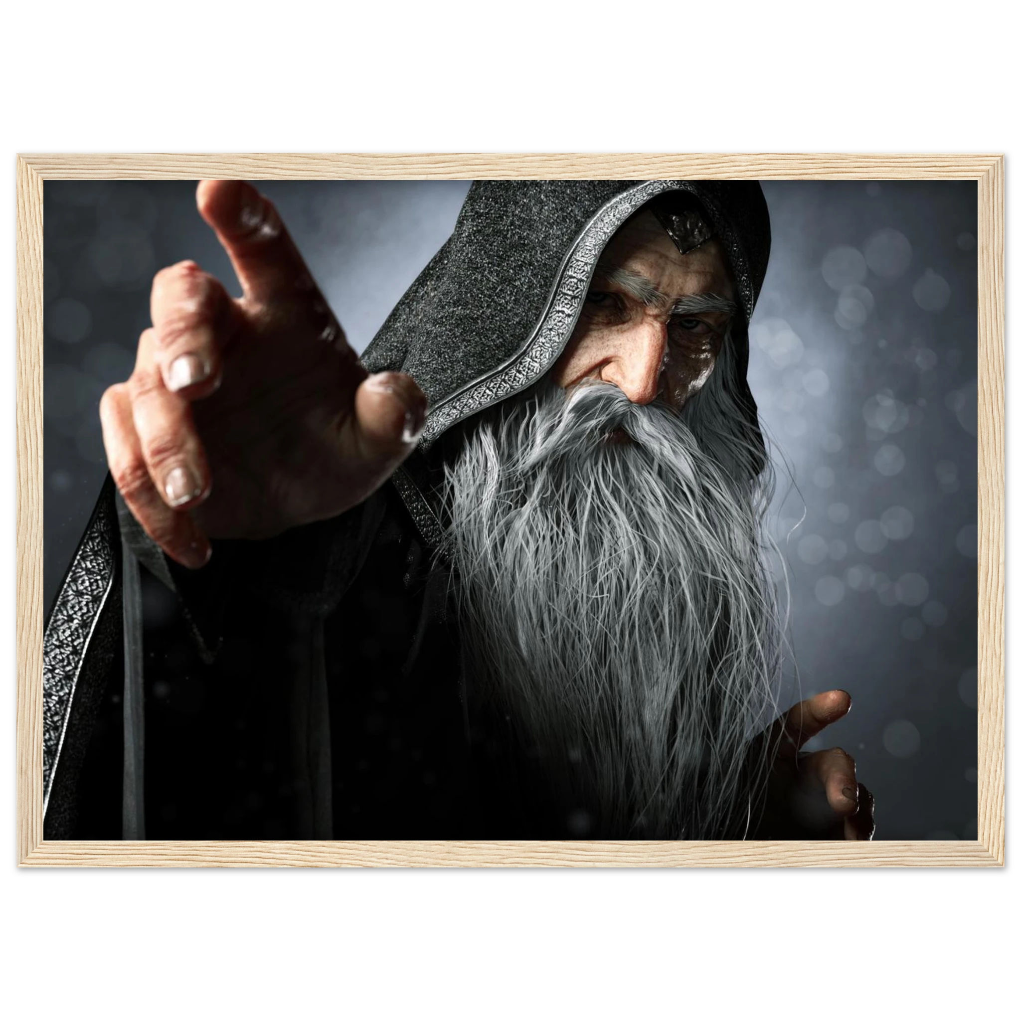 A framed art print depicting a close-up portrait of a wizard with a long white beard and dark hood, pointing forward, set in a light wood frame against a white background.