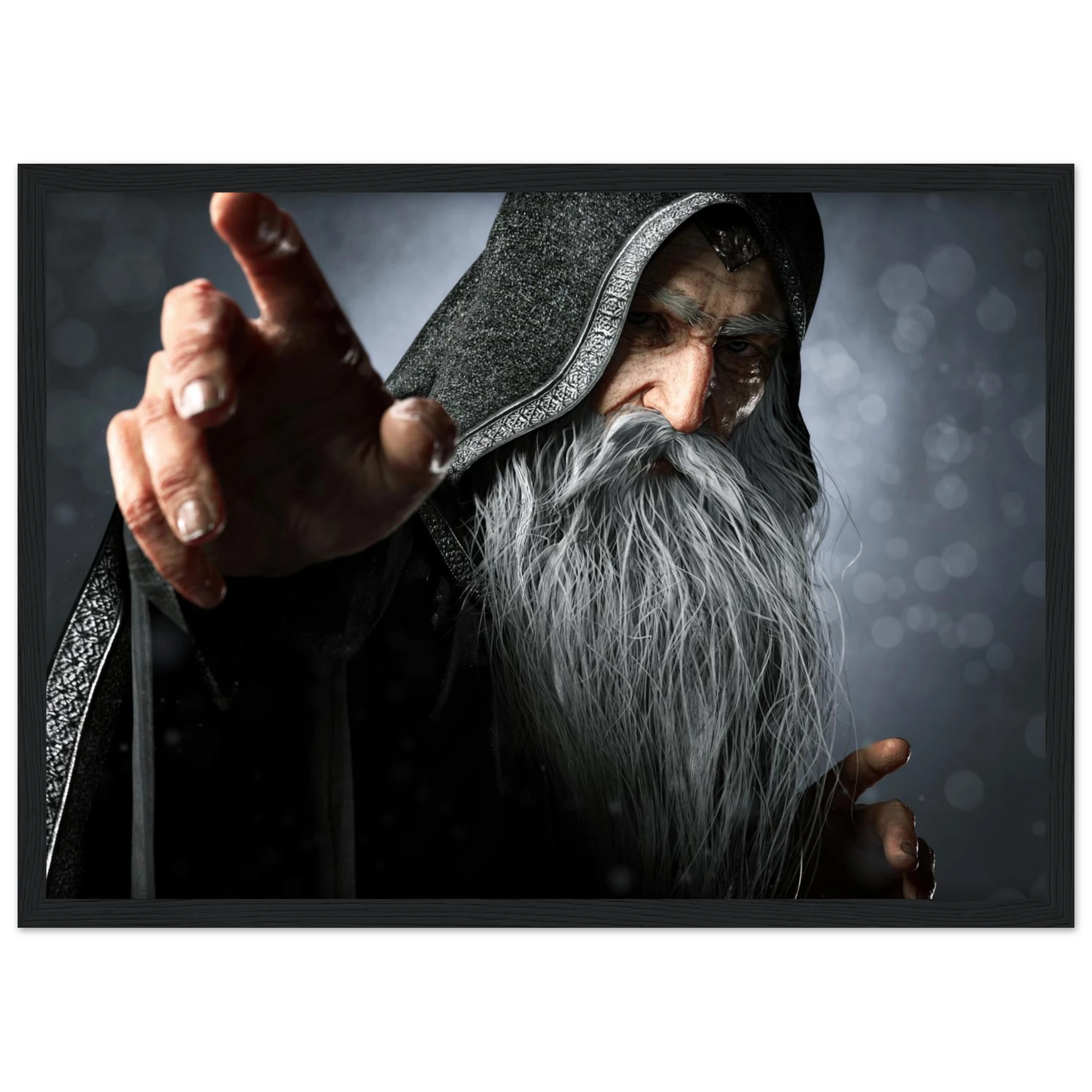 A framed wall art print featuring a close-up portrait of an elderly wizard or sorcerer with a long white beard, dark hooded robe, and outstretched hand against a smoky gray background.