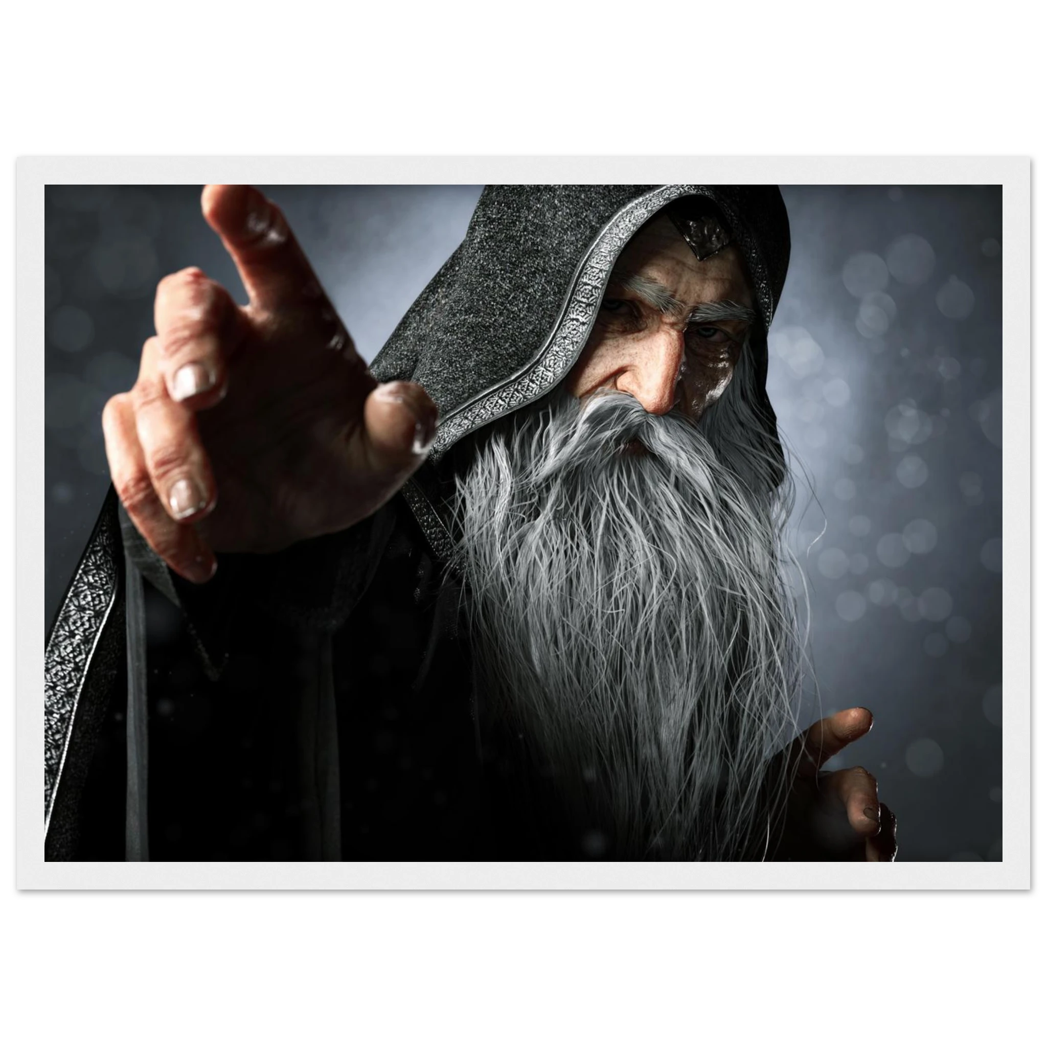 A framed art print featuring a close-up portrait of an elderly wizard or sorcerer with a long white beard, wearing a dark hooded robe, with one hand extended forward against a dark smoky background.