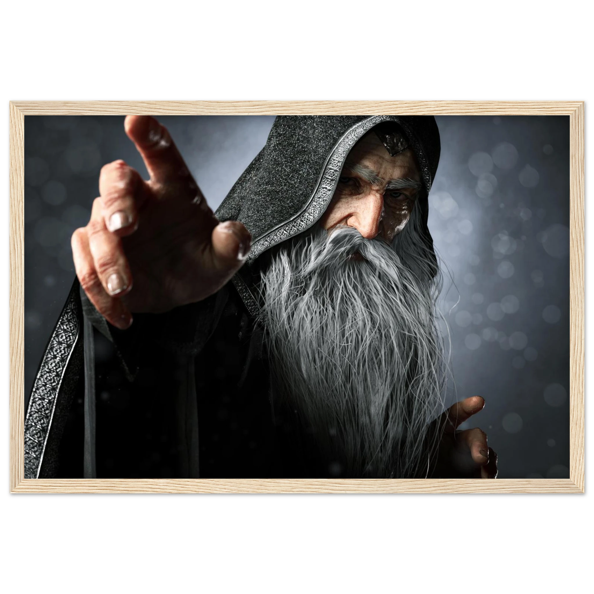 A framed art print featuring a close-up portrait of an elderly wizard or sorcerer with a long white beard, dark hooded robe, and outstretched hand, set against a dark smoky background.