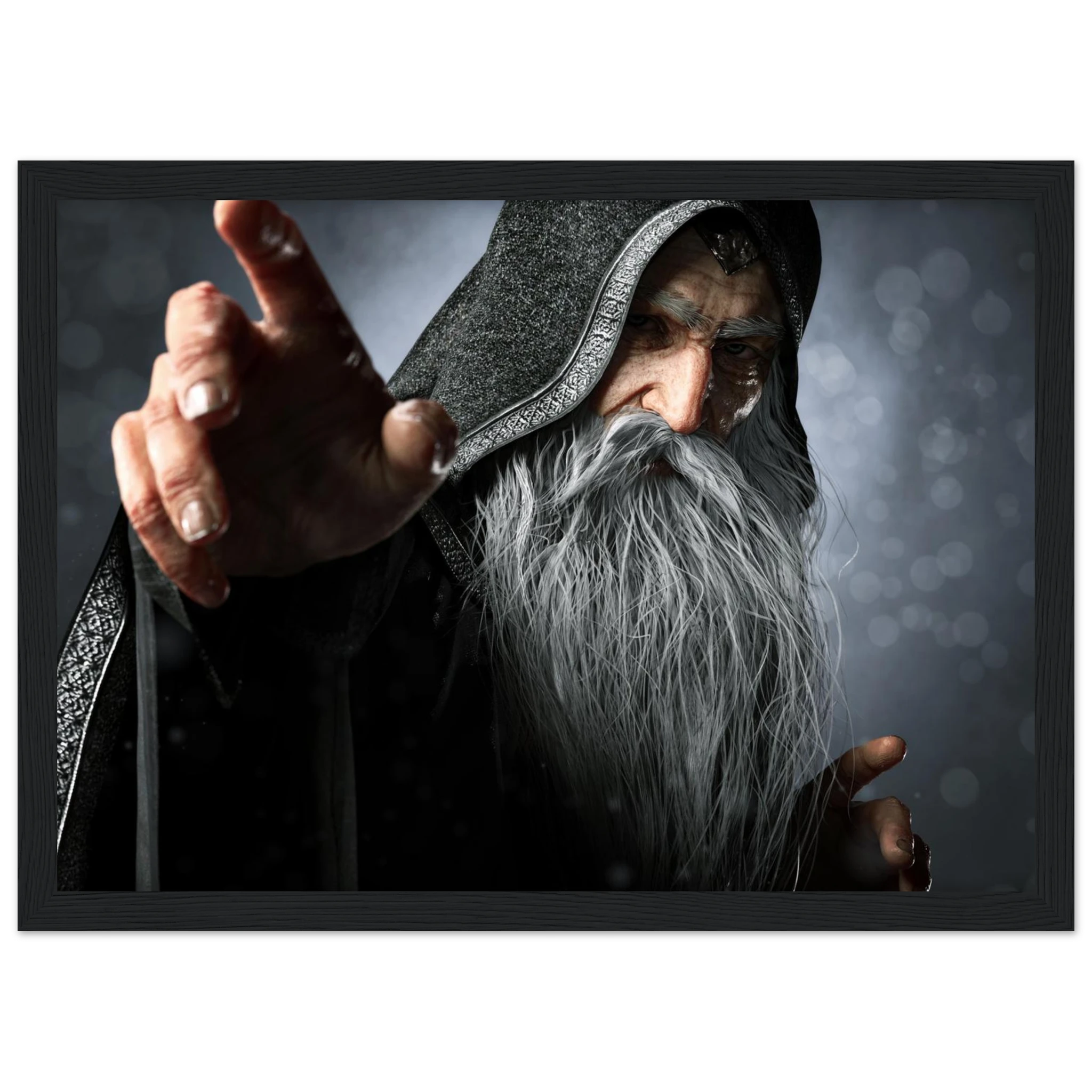 A framed art print depicting an elderly wizard with a long white beard and hood, pointing forward against a dark, atmospheric background.