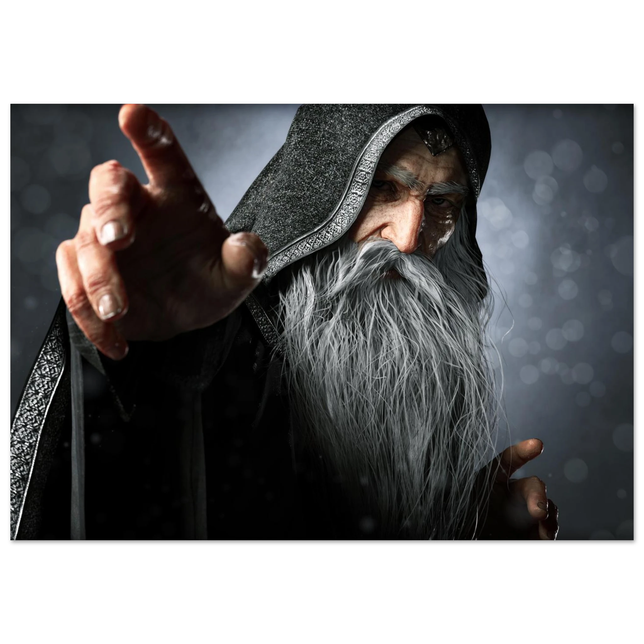 A rectangular wall art print or poster showing a close-up portrait of an elderly wizard or sorcerer with a long white beard, dark hooded robe, and one hand extended forward, set against a dark smoky gray background.