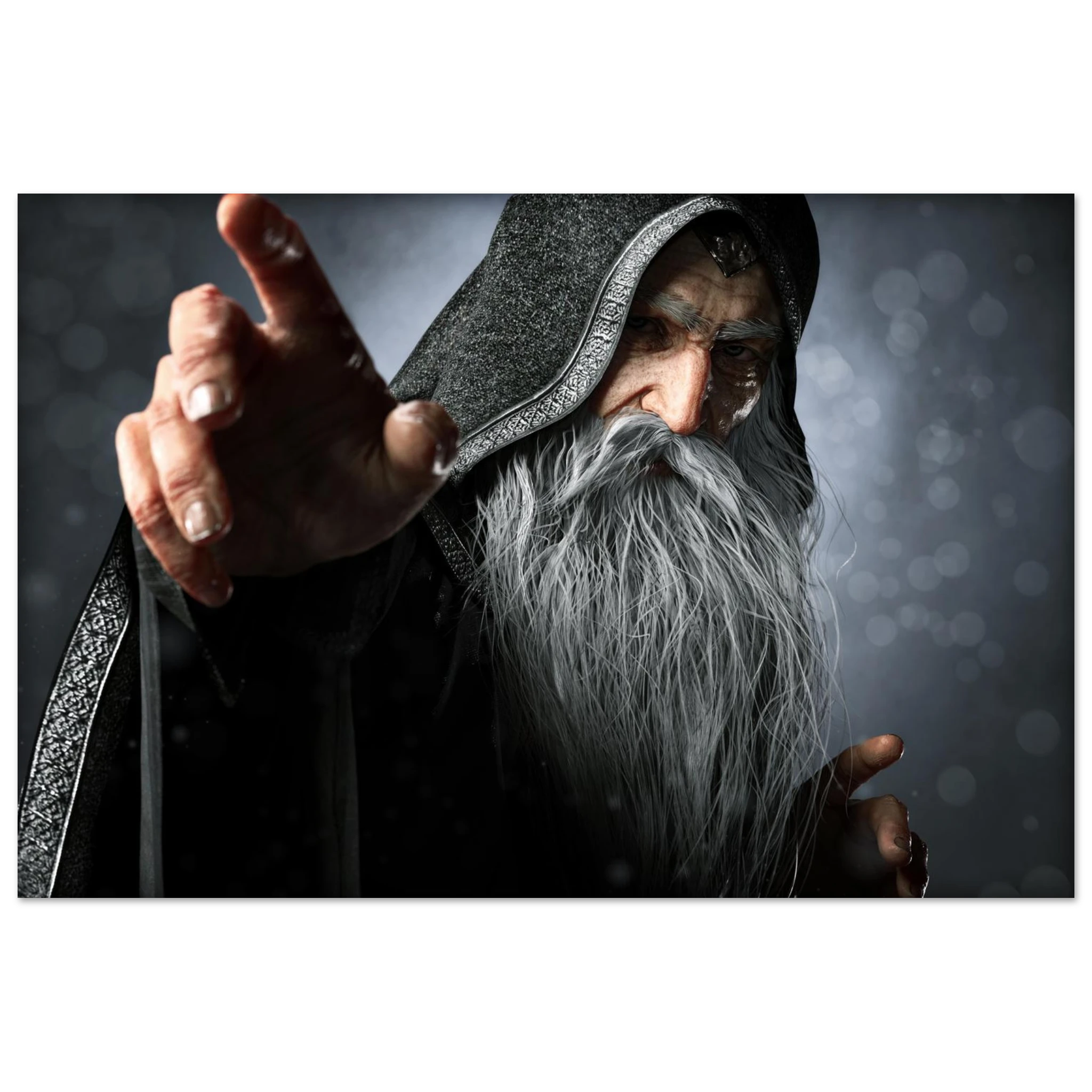 A rectangular wall art print featuring a close-up fantasy portrait of an elderly wizard or sorcerer with a long white beard, dark hood, and outstretched hand against a smoky gray background.