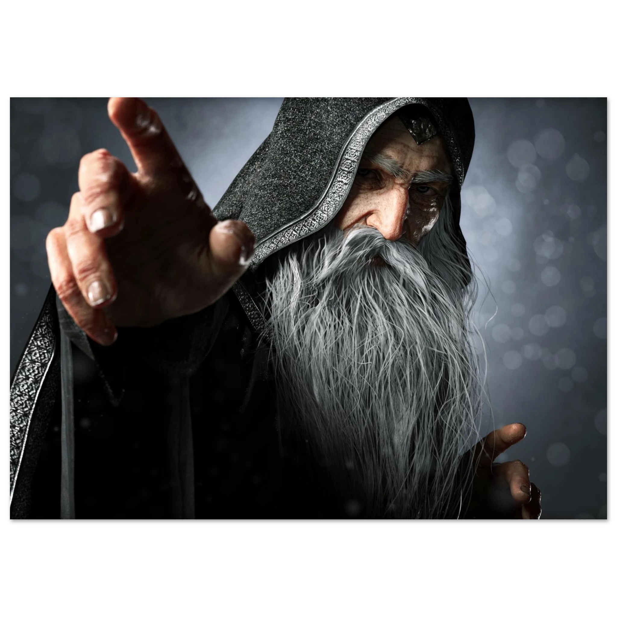 A rectangular wall art print showing a close-up portrait of an elderly wizard or sorcerer with a long white beard, dark hooded robe, and outstretched hand against a smoky gray background.