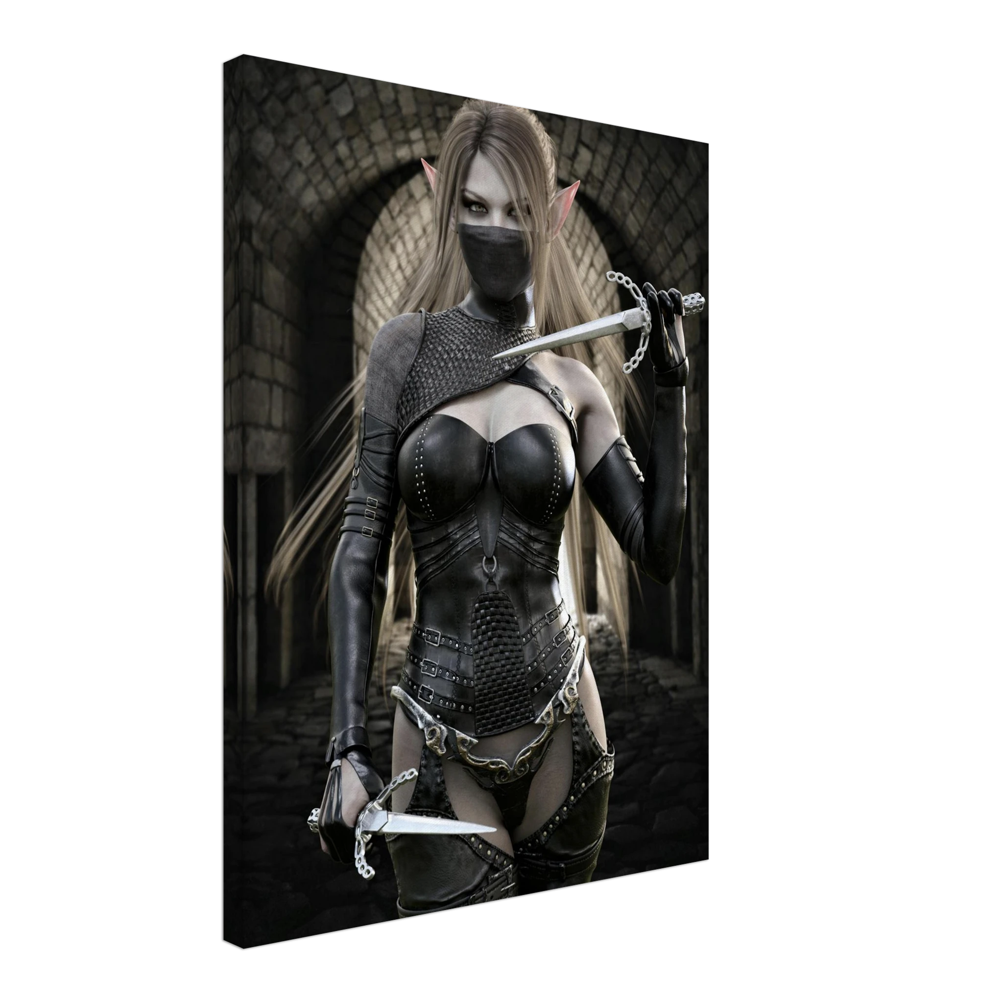 Handcrafted Elf Assassin wall art featuring a masked female elven rogue wielding twin daggers inside an ancient stone fortress. Fantasy artwork perfect for gaming rooms, RPG fans, and medieval fantasy décor.