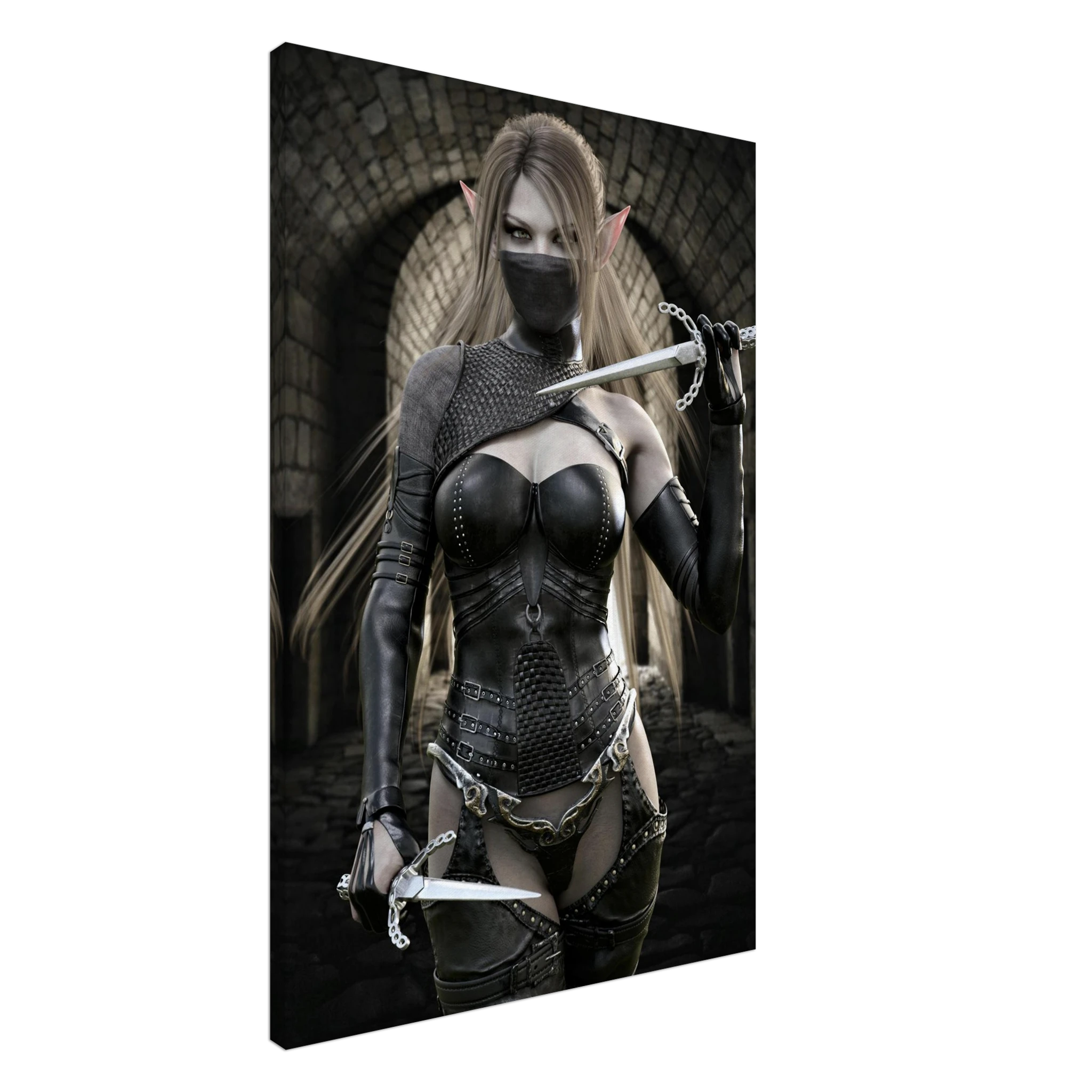 Handcrafted Elf Assassin wall art featuring a masked female elven rogue wielding twin daggers inside an ancient stone fortress. Fantasy artwork perfect for gaming rooms, RPG fans, and medieval fantasy décor.