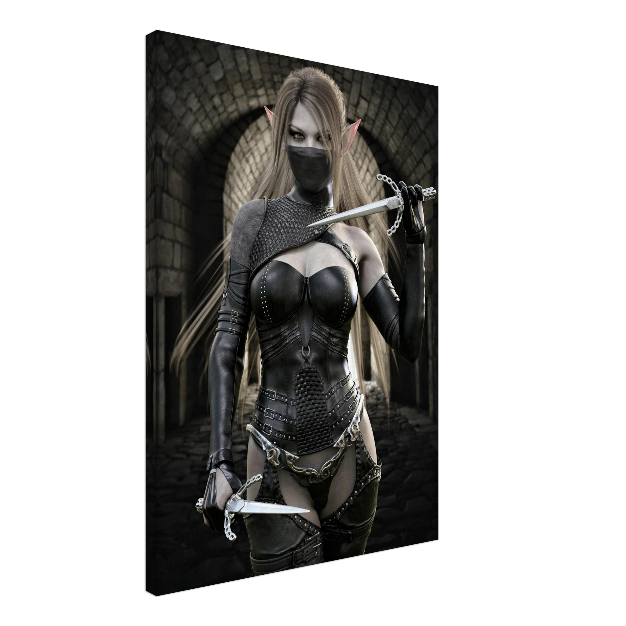 Handcrafted Elf Assassin wall art featuring a masked female elven rogue wielding twin daggers inside an ancient stone fortress. Fantasy artwork perfect for gaming rooms, RPG fans, and medieval fantasy décor.