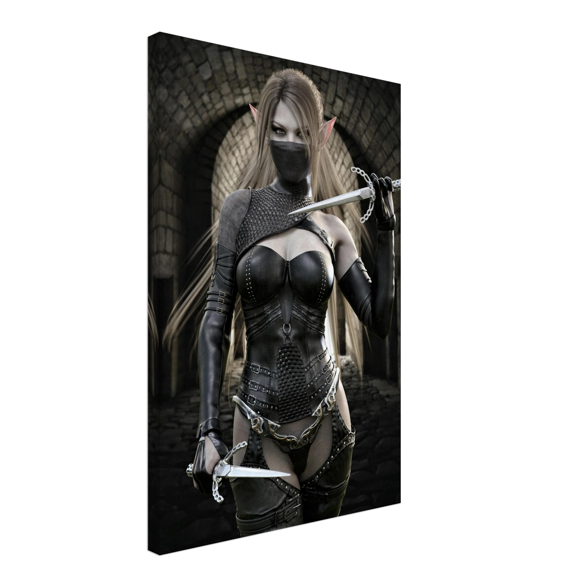 Handcrafted Elf Assassin wall art featuring a masked female elven rogue wielding twin daggers inside an ancient stone fortress. Fantasy artwork perfect for gaming rooms, RPG fans, and medieval fantasy décor.
