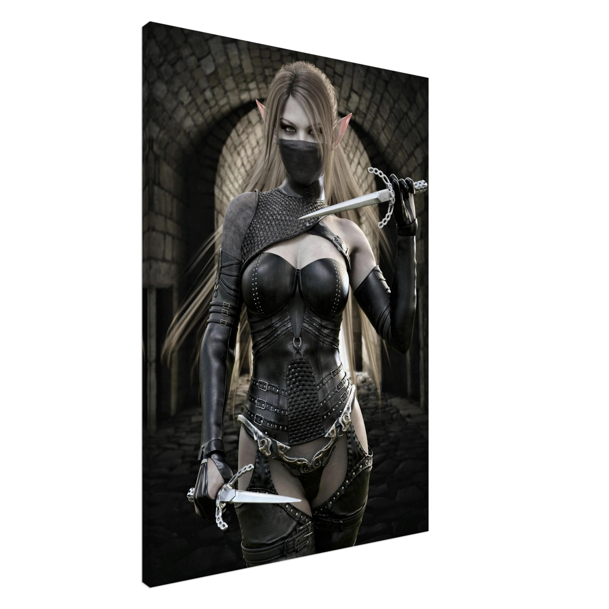 Handcrafted Elf Assassin wall art featuring a masked female elven rogue wielding twin daggers inside an ancient stone fortress. Fantasy artwork perfect for gaming rooms, RPG fans, and medieval fantasy décor.