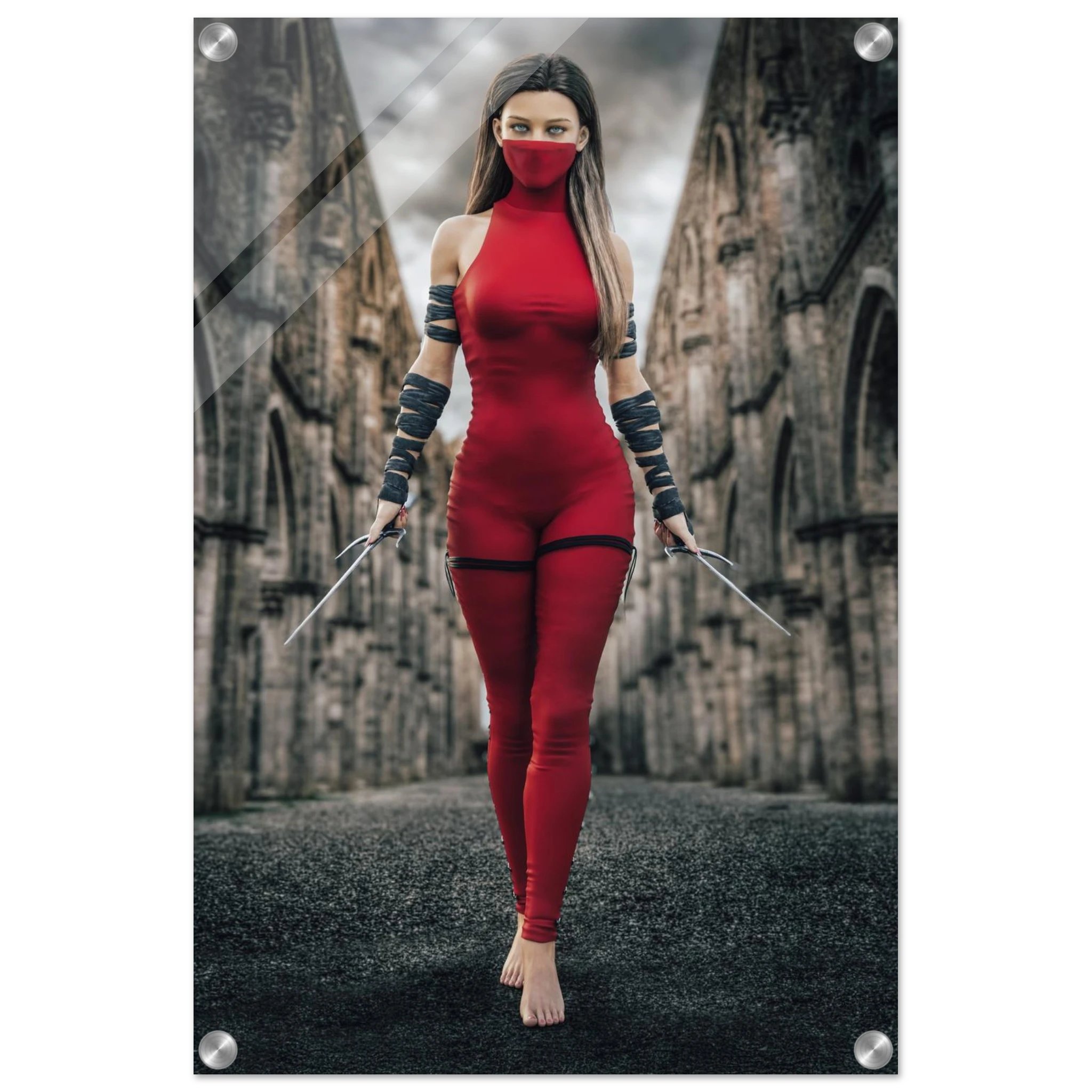 Handcrafted fantasy artwork featuring a female assassin wearing a crimson stealth outfit and face covering while wielding twin daggers beneath towering medieval stone arches. A cinematic fantasy portrait perfect for RPG fans, fantasy collectors, gaming rooms, and medieval wall décor.