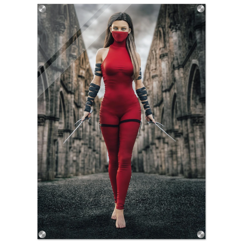 Handcrafted fantasy artwork featuring a female assassin wearing a crimson stealth outfit and face covering while wielding twin daggers beneath towering medieval stone arches. A cinematic fantasy portrait perfect for RPG fans, fantasy collectors, gaming rooms, and medieval wall décor.