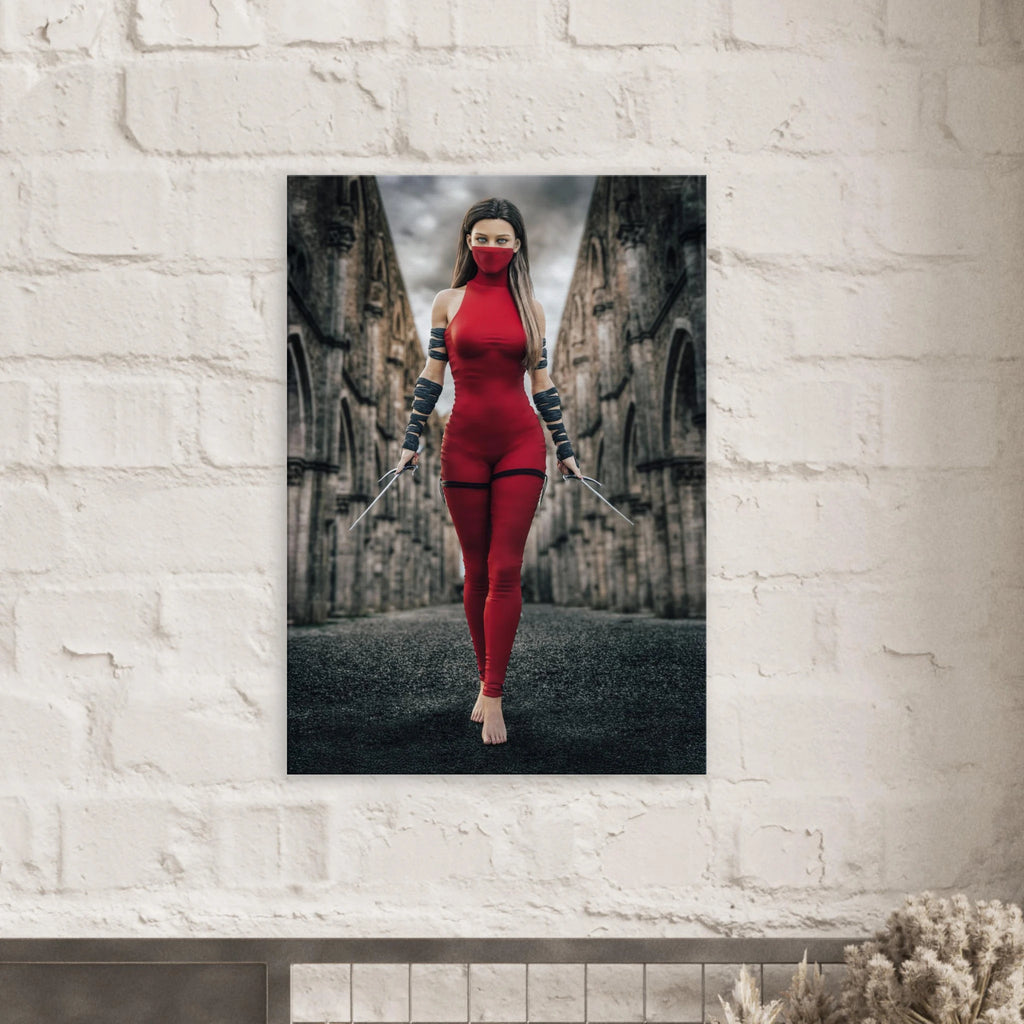 Handcrafted fantasy artwork featuring a female assassin wearing a crimson stealth outfit and face covering while wielding twin daggers beneath towering medieval stone arches. A cinematic fantasy portrait perfect for RPG fans, fantasy collectors, gaming rooms, and medieval wall décor.