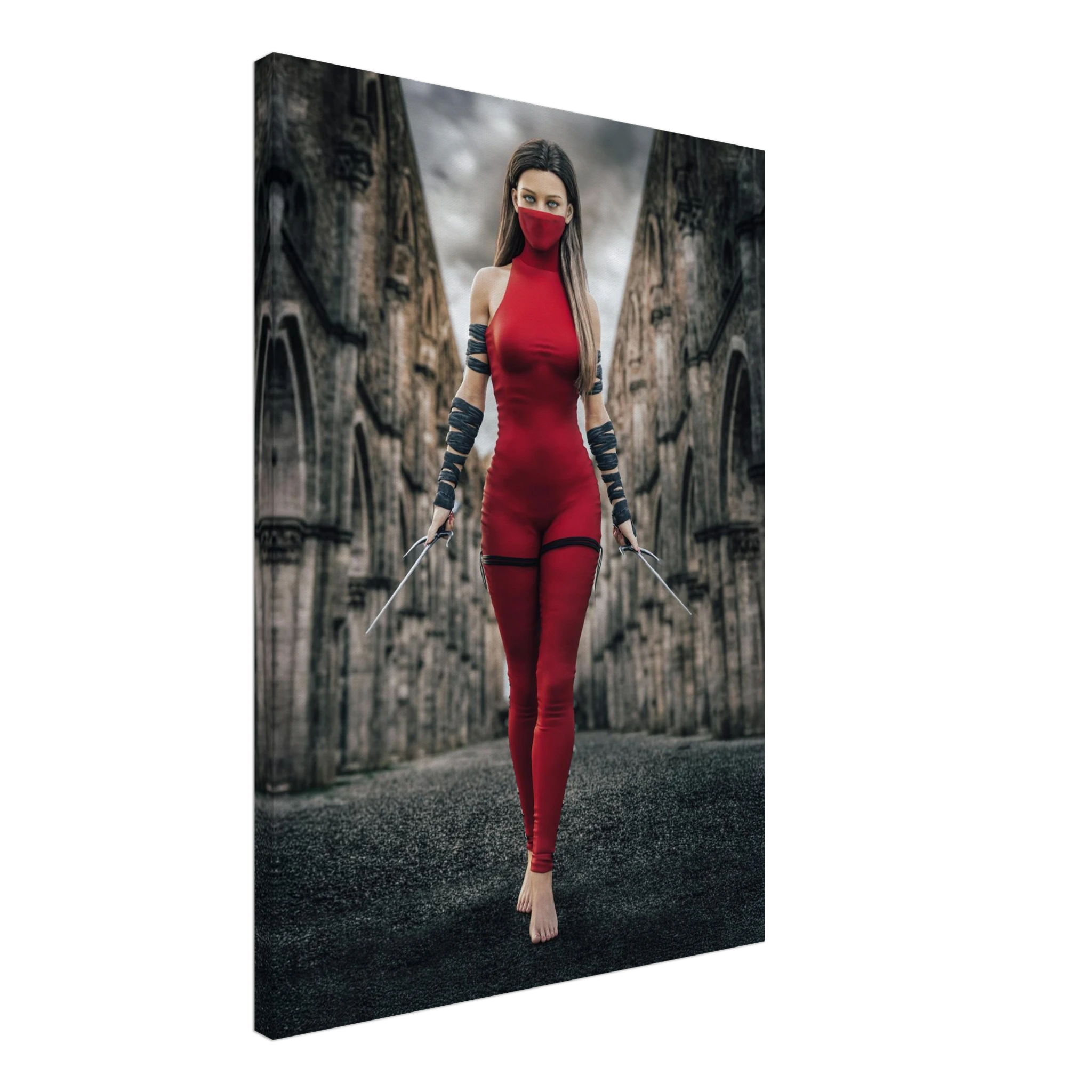 Handcrafted fantasy artwork featuring a female assassin wearing a crimson stealth outfit and face covering while wielding twin daggers beneath towering medieval stone arches. A cinematic fantasy portrait perfect for RPG fans, fantasy collectors, gaming rooms, and medieval wall décor.