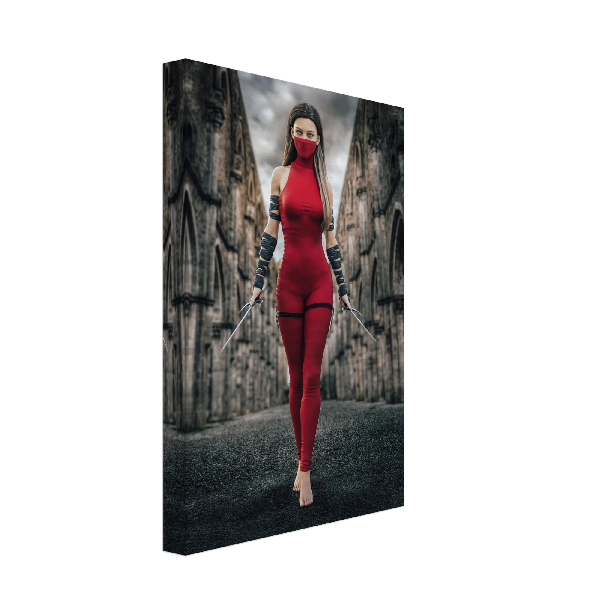 Handcrafted fantasy artwork featuring a female assassin wearing a crimson stealth outfit and face covering while wielding twin daggers beneath towering medieval stone arches. A cinematic fantasy portrait perfect for RPG fans, fantasy collectors, gaming rooms, and medieval wall décor.