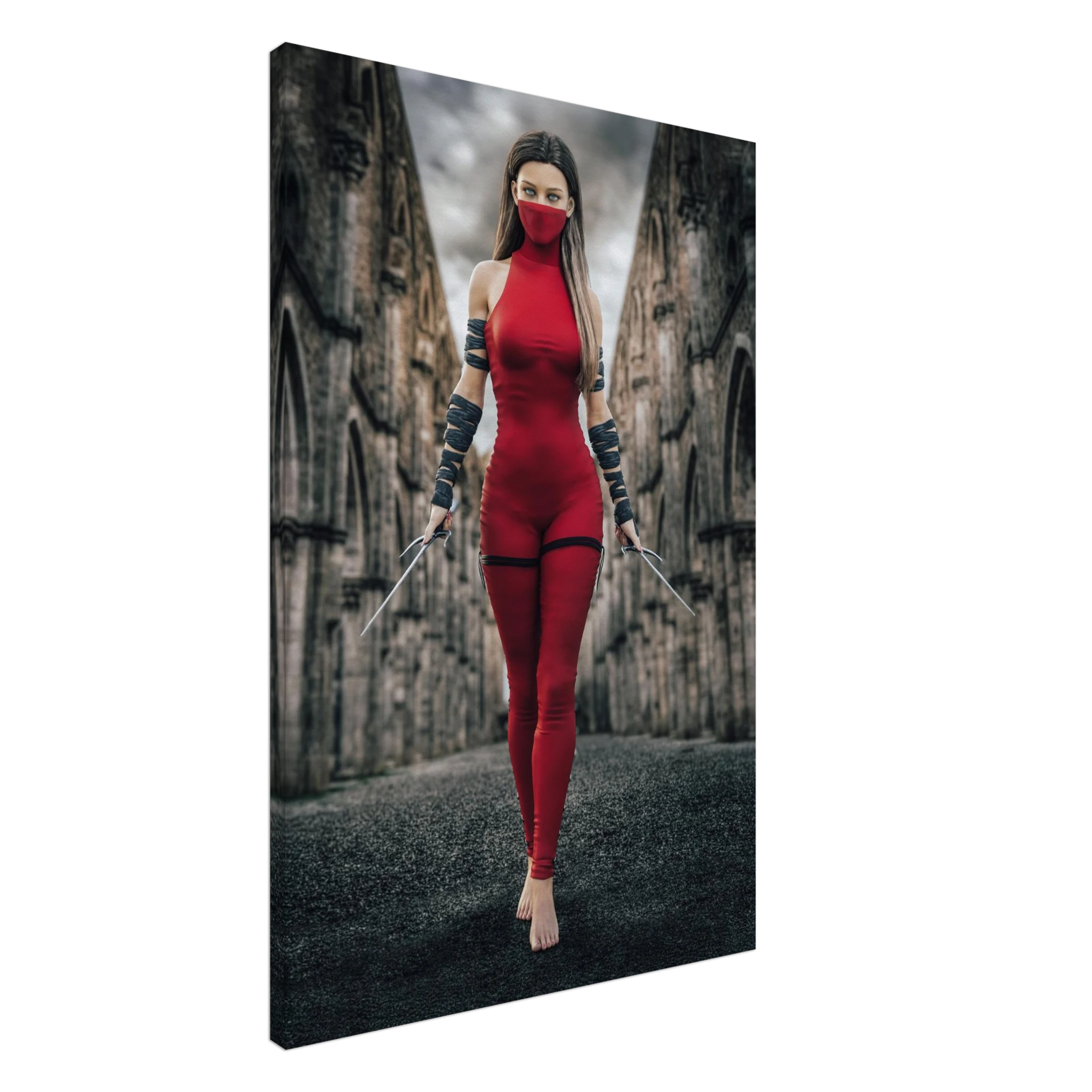 Handcrafted fantasy artwork featuring a female assassin wearing a crimson stealth outfit and face covering while wielding twin daggers beneath towering medieval stone arches. A cinematic fantasy portrait perfect for RPG fans, fantasy collectors, gaming rooms, and medieval wall décor.