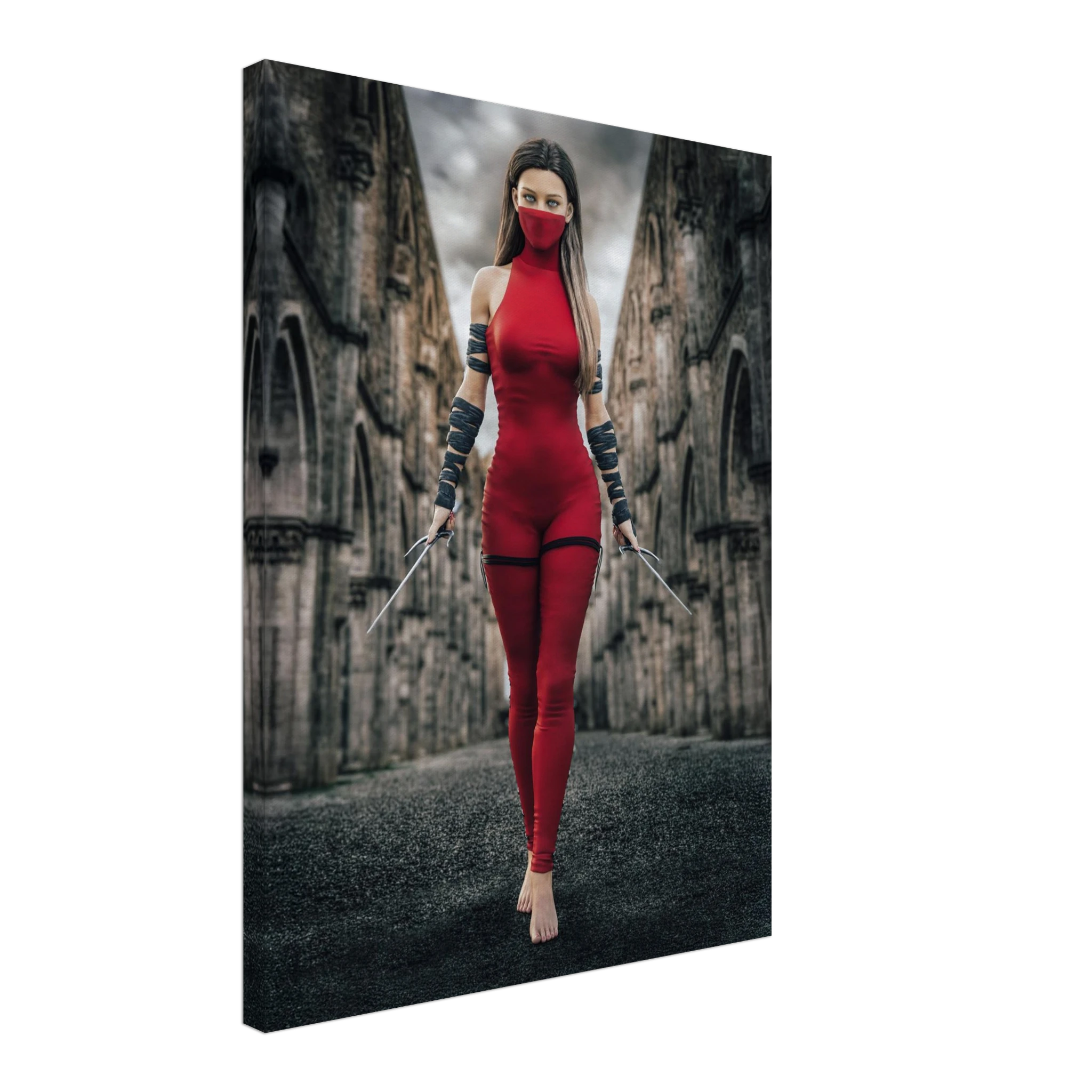 Handcrafted fantasy artwork featuring a female assassin wearing a crimson stealth outfit and face covering while wielding twin daggers beneath towering medieval stone arches. A cinematic fantasy portrait perfect for RPG fans, fantasy collectors, gaming rooms, and medieval wall décor.