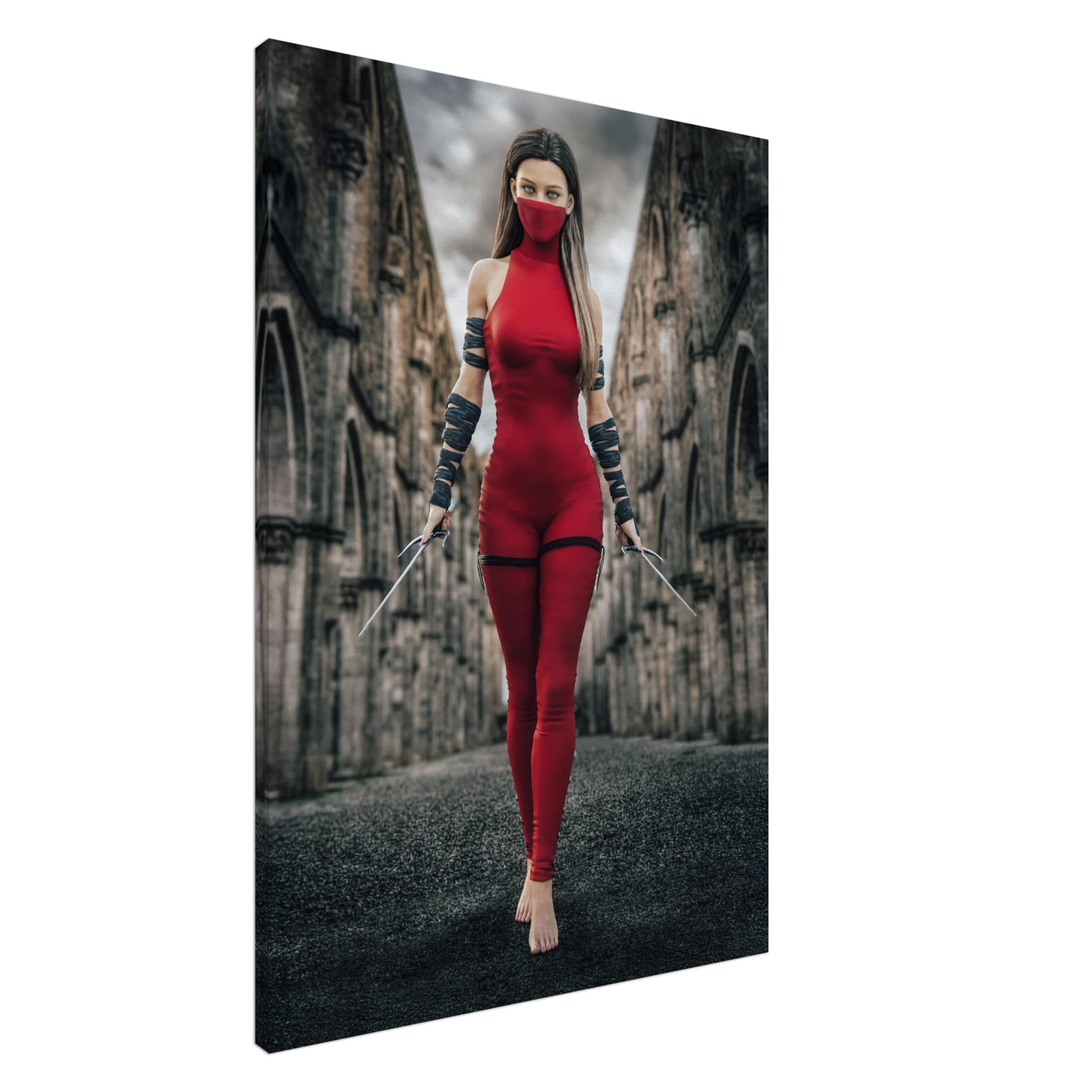 Handcrafted fantasy artwork featuring a female assassin wearing a crimson stealth outfit and face covering while wielding twin daggers beneath towering medieval stone arches. A cinematic fantasy portrait perfect for RPG fans, fantasy collectors, gaming rooms, and medieval wall décor.