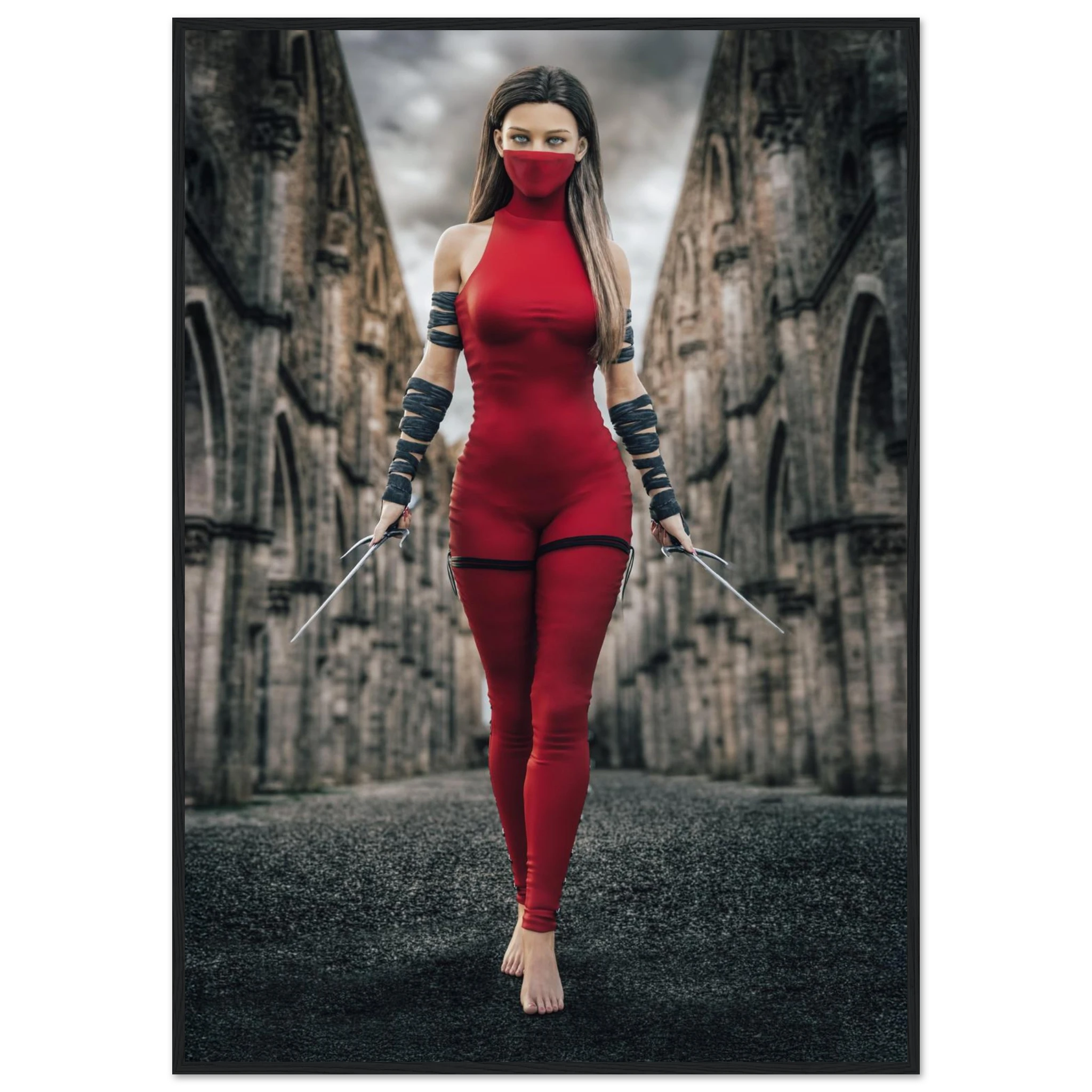 Handcrafted fantasy artwork featuring a female assassin wearing a crimson stealth outfit and face covering while wielding twin daggers beneath towering medieval stone arches. A cinematic fantasy portrait perfect for RPG fans, fantasy collectors, gaming rooms, and medieval wall décor.