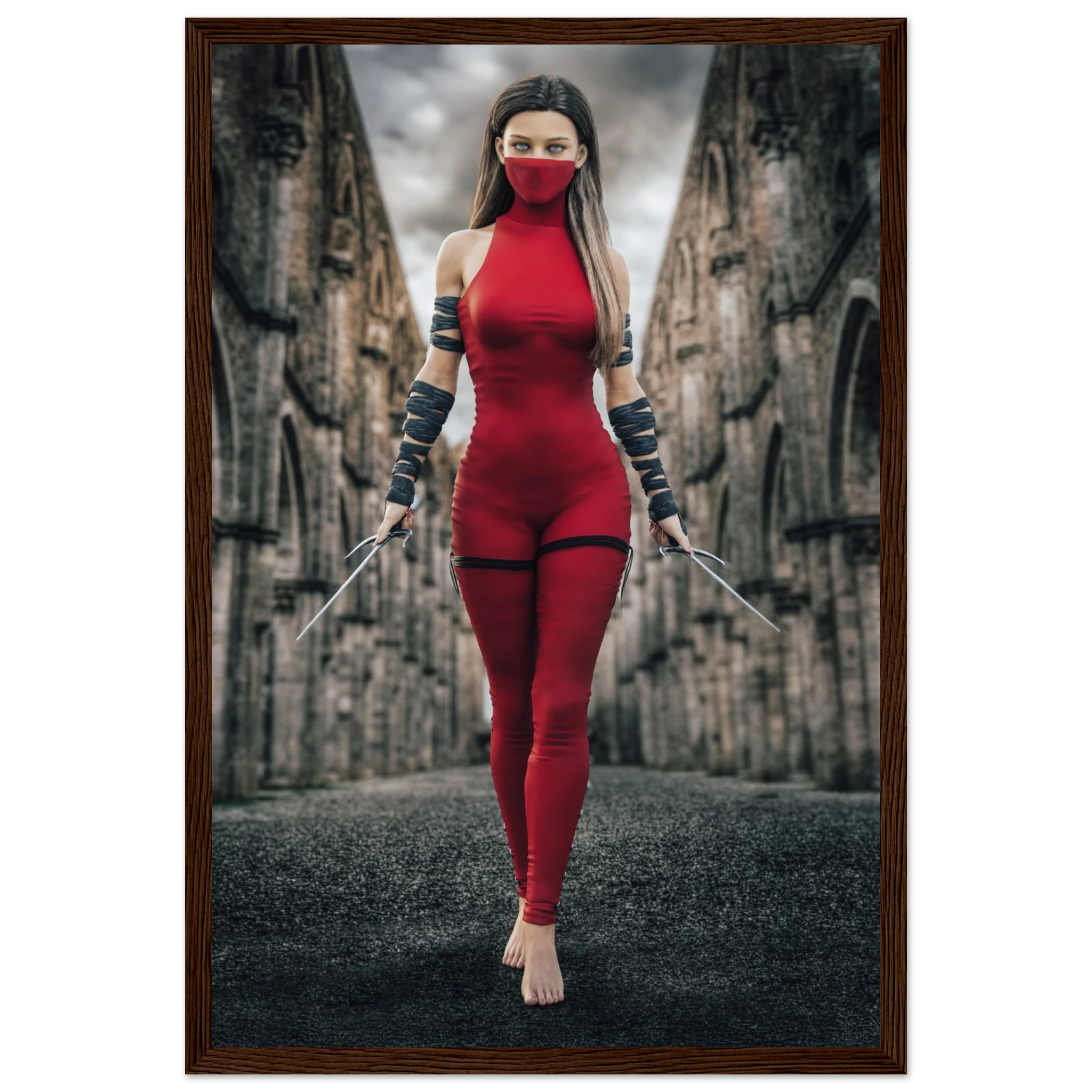 Handcrafted fantasy artwork featuring a female assassin wearing a crimson stealth outfit and face covering while wielding twin daggers beneath towering medieval stone arches. A cinematic fantasy portrait perfect for RPG fans, fantasy collectors, gaming rooms, and medieval wall décor.