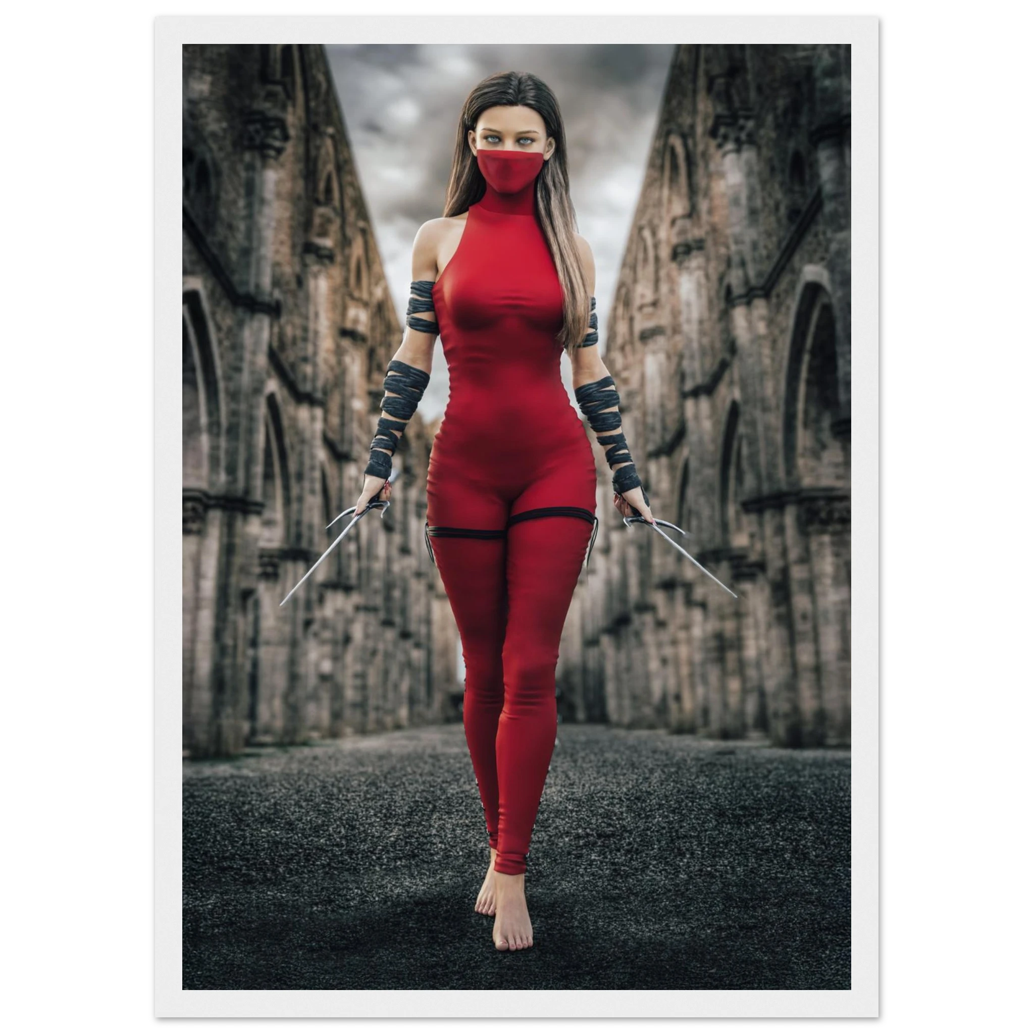 Handcrafted fantasy artwork featuring a female assassin wearing a crimson stealth outfit and face covering while wielding twin daggers beneath towering medieval stone arches. A cinematic fantasy portrait perfect for RPG fans, fantasy collectors, gaming rooms, and medieval wall décor.