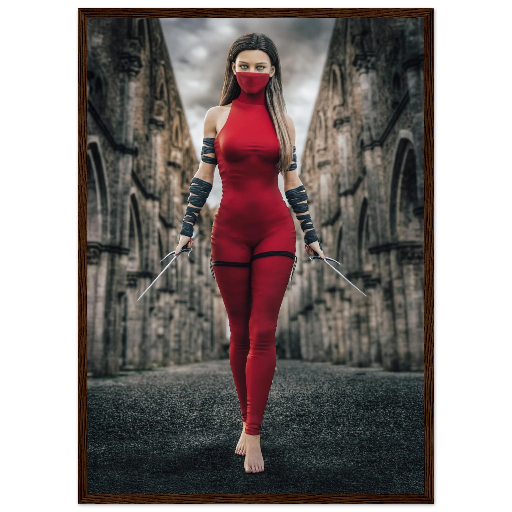 Handcrafted fantasy artwork featuring a female assassin wearing a crimson stealth outfit and face covering while wielding twin daggers beneath towering medieval stone arches. A cinematic fantasy portrait perfect for RPG fans, fantasy collectors, gaming rooms, and medieval wall décor.