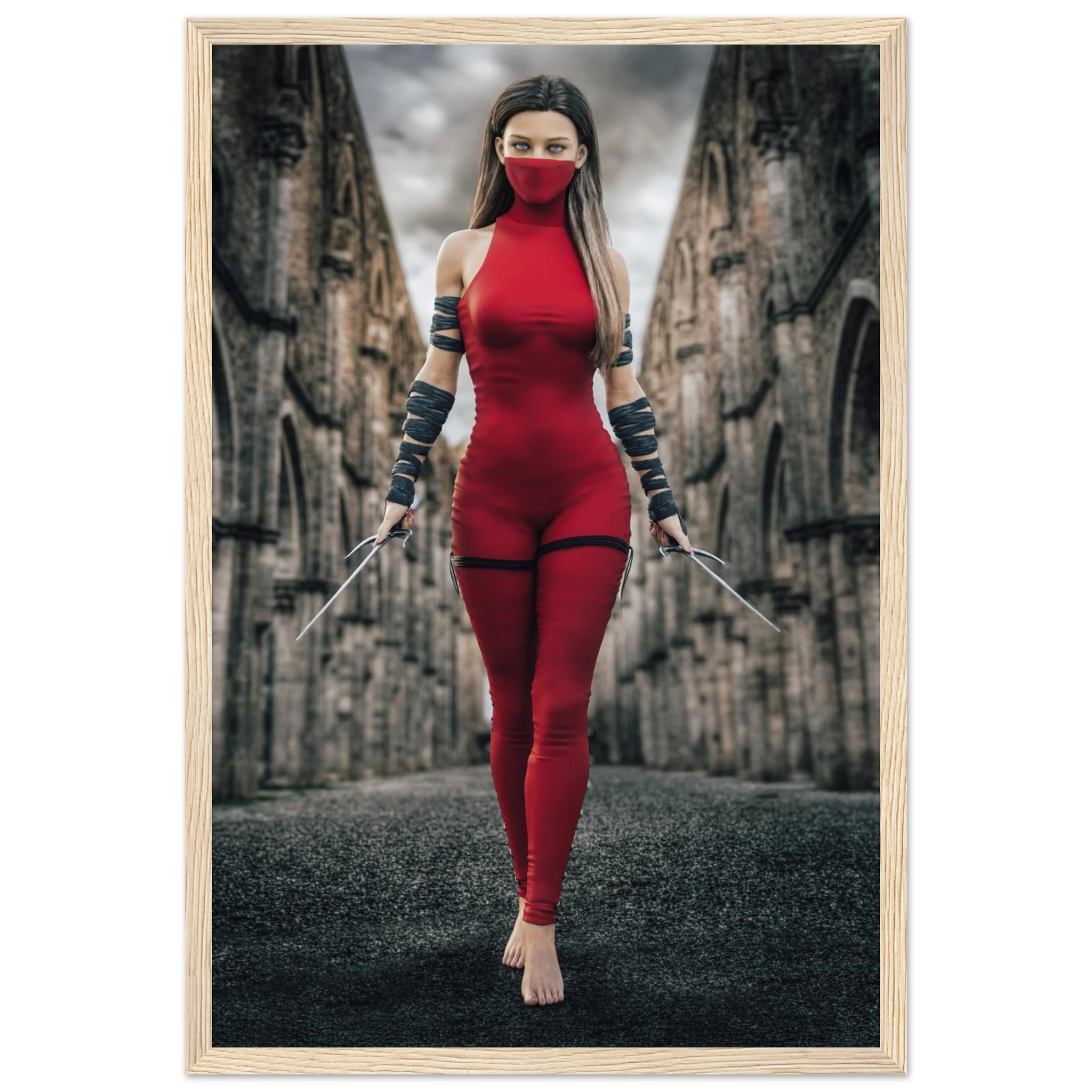 Handcrafted fantasy artwork featuring a female assassin wearing a crimson stealth outfit and face covering while wielding twin daggers beneath towering medieval stone arches. A cinematic fantasy portrait perfect for RPG fans, fantasy collectors, gaming rooms, and medieval wall décor.