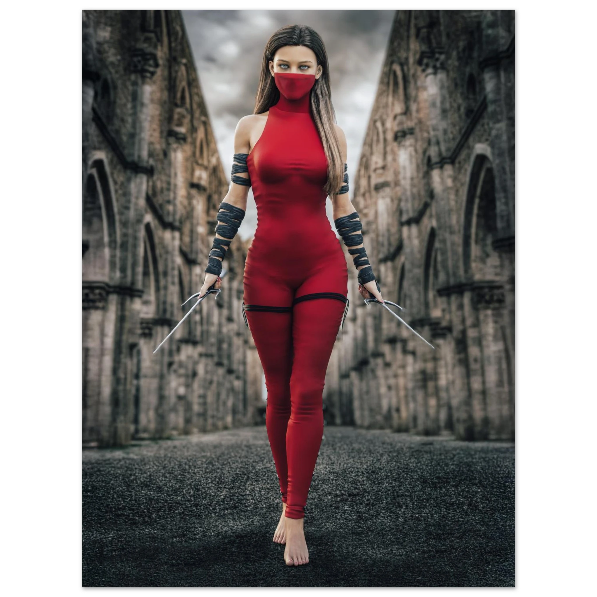 Handcrafted fantasy artwork featuring a female assassin wearing a crimson stealth outfit and face covering while wielding twin daggers beneath towering medieval stone arches. A cinematic fantasy portrait perfect for RPG fans, fantasy collectors, gaming rooms, and medieval wall décor.