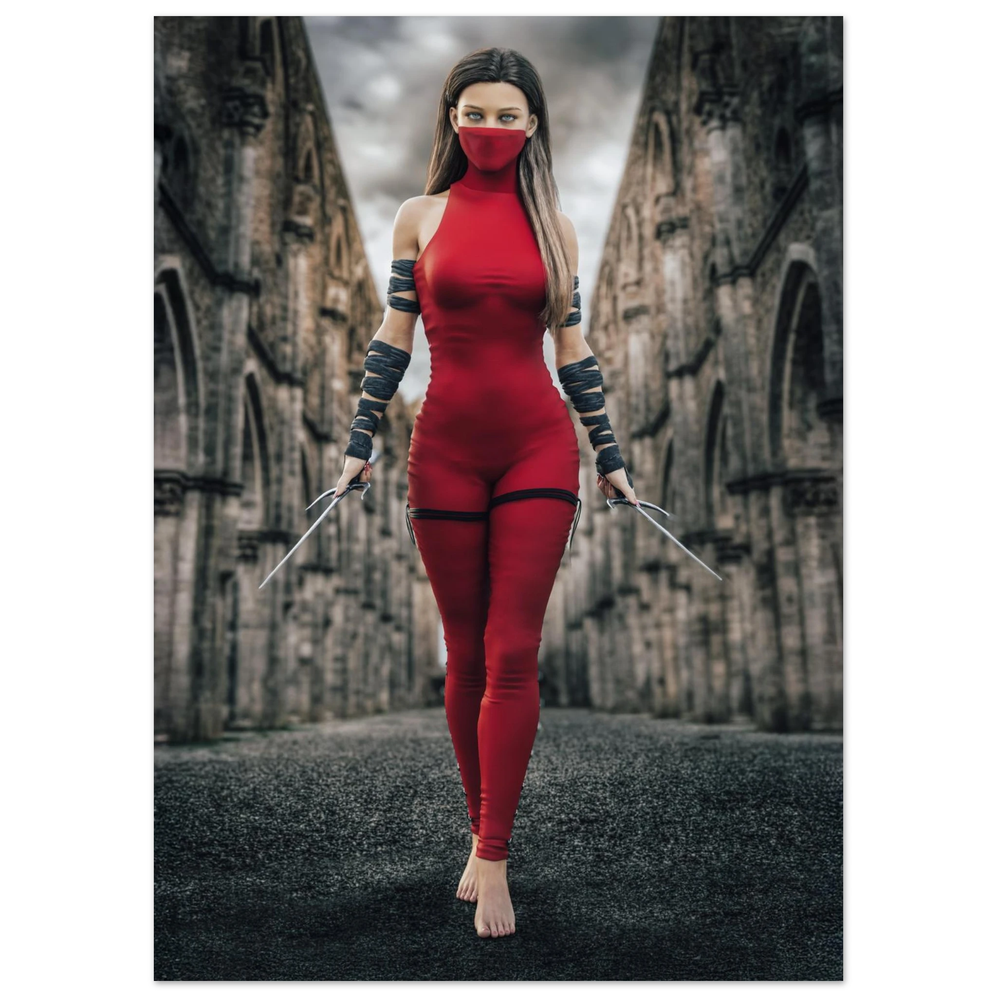 Handcrafted fantasy artwork featuring a female assassin wearing a crimson stealth outfit and face covering while wielding twin daggers beneath towering medieval stone arches. A cinematic fantasy portrait perfect for RPG fans, fantasy collectors, gaming rooms, and medieval wall décor.