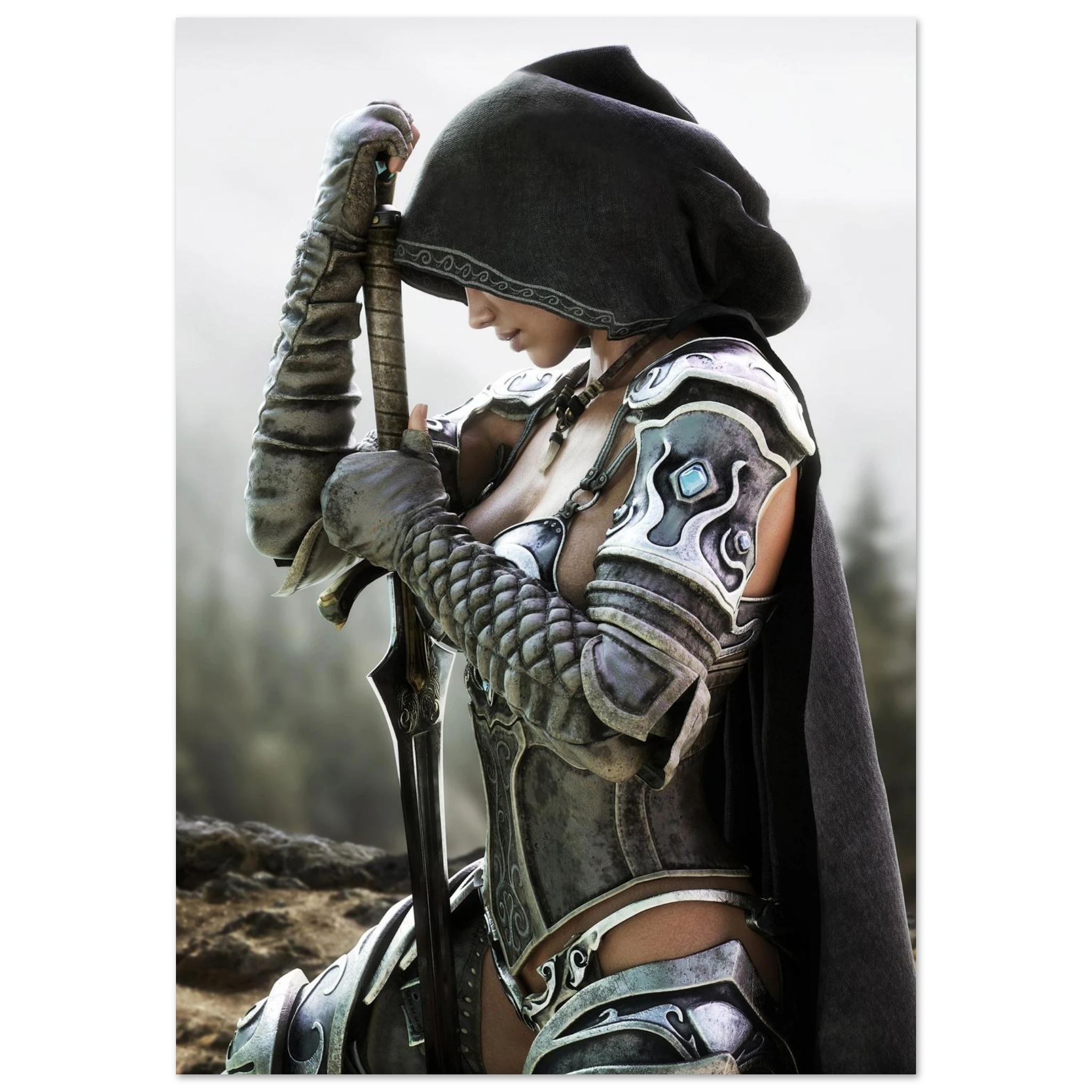 Handcrafted fantasy artwork featuring a hooded female knight kneeling in prayer with both hands resting on a ceremonial sword, wearing ornate medieval armor against a rugged mountain landscape. Premium wall art for fantasy collectors, RPG enthusiasts, gaming rooms, libraries, and medieval décor.