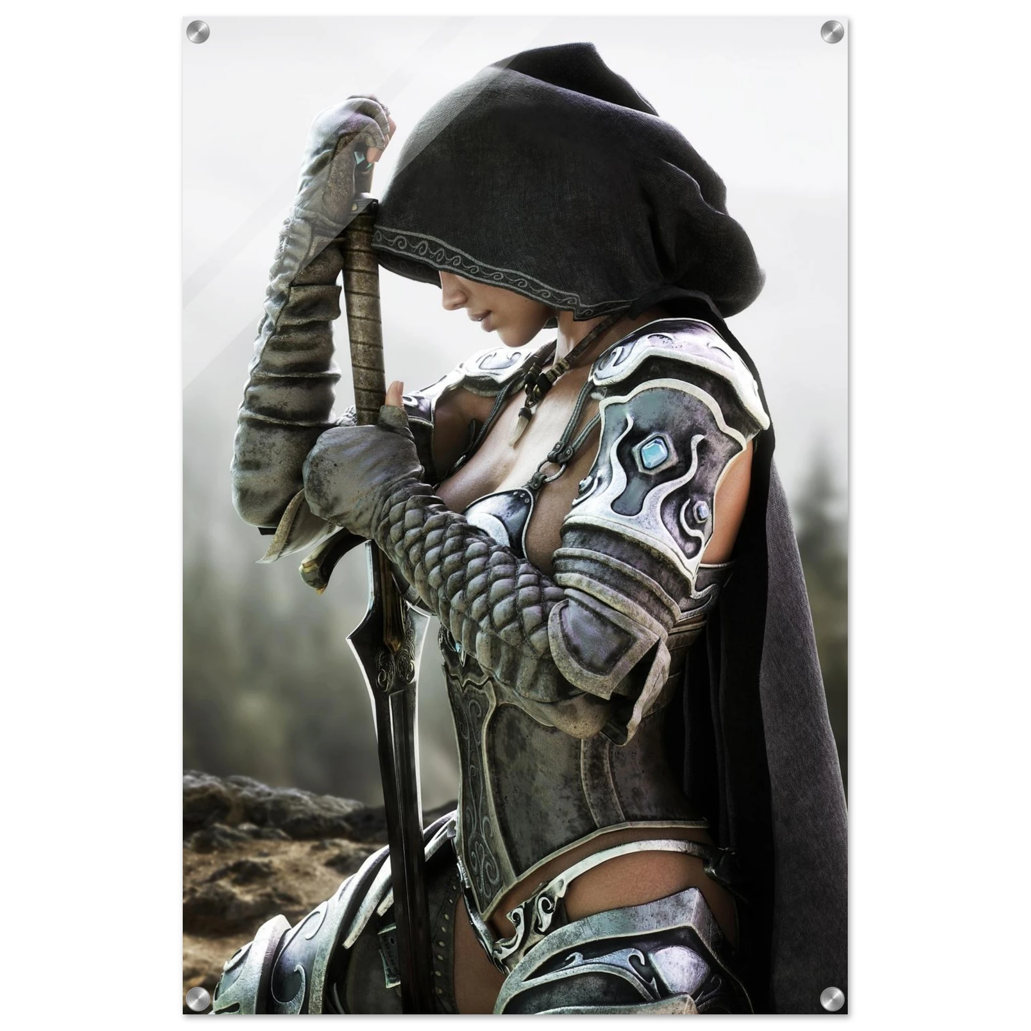 Handcrafted fantasy artwork featuring a hooded female knight kneeling in prayer with both hands resting on a ceremonial sword, wearing ornate medieval armor against a rugged mountain landscape. Premium wall art for fantasy collectors, RPG enthusiasts, gaming rooms, libraries, and medieval décor.