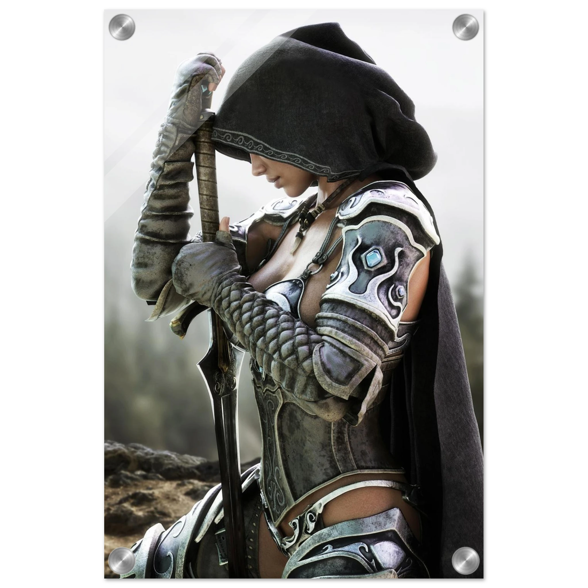 Handcrafted fantasy artwork featuring a hooded female knight kneeling in prayer with both hands resting on a ceremonial sword, wearing ornate medieval armor against a rugged mountain landscape. Premium wall art for fantasy collectors, RPG enthusiasts, gaming rooms, libraries, and medieval décor.