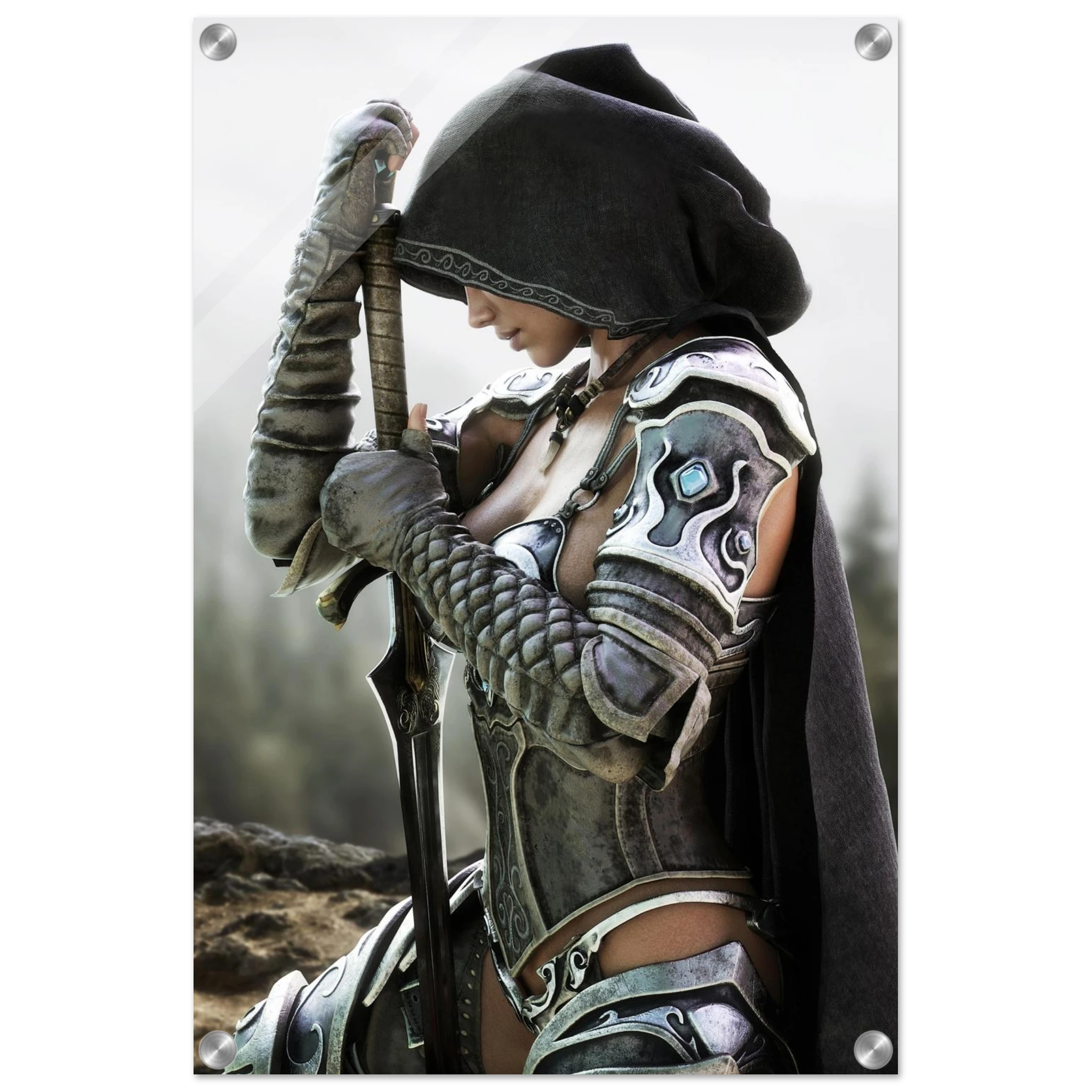 Handcrafted fantasy artwork featuring a hooded female knight kneeling in prayer with both hands resting on a ceremonial sword, wearing ornate medieval armor against a rugged mountain landscape. Premium wall art for fantasy collectors, RPG enthusiasts, gaming rooms, libraries, and medieval décor.