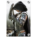 Handcrafted fantasy artwork featuring a hooded female knight kneeling in prayer with both hands resting on a ceremonial sword, wearing ornate medieval armor against a rugged mountain landscape. Premium wall art for fantasy collectors, RPG enthusiasts, gaming rooms, libraries, and medieval décor.