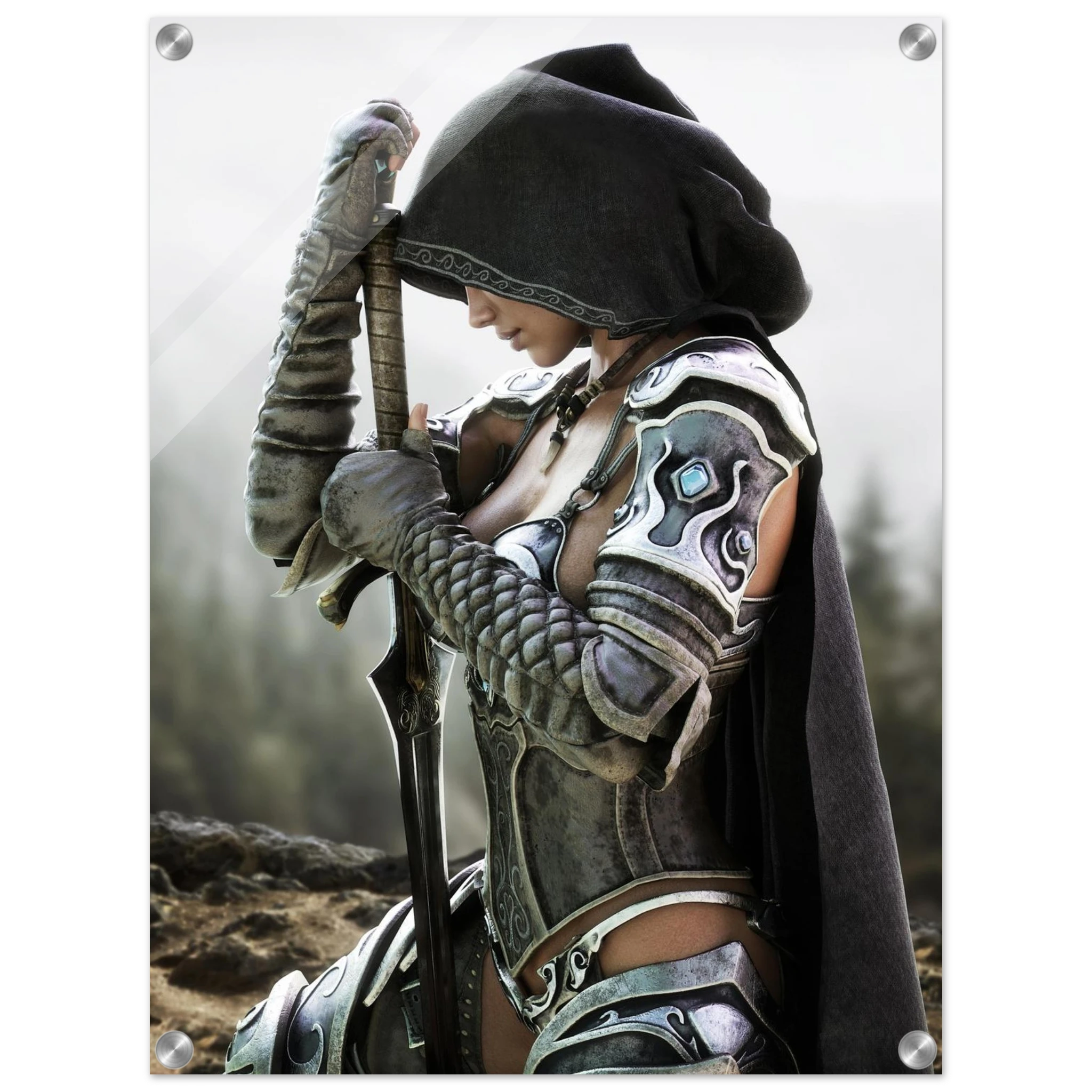 Handcrafted fantasy artwork featuring a hooded female knight kneeling in prayer with both hands resting on a ceremonial sword, wearing ornate medieval armor against a rugged mountain landscape. Premium wall art for fantasy collectors, RPG enthusiasts, gaming rooms, libraries, and medieval décor.