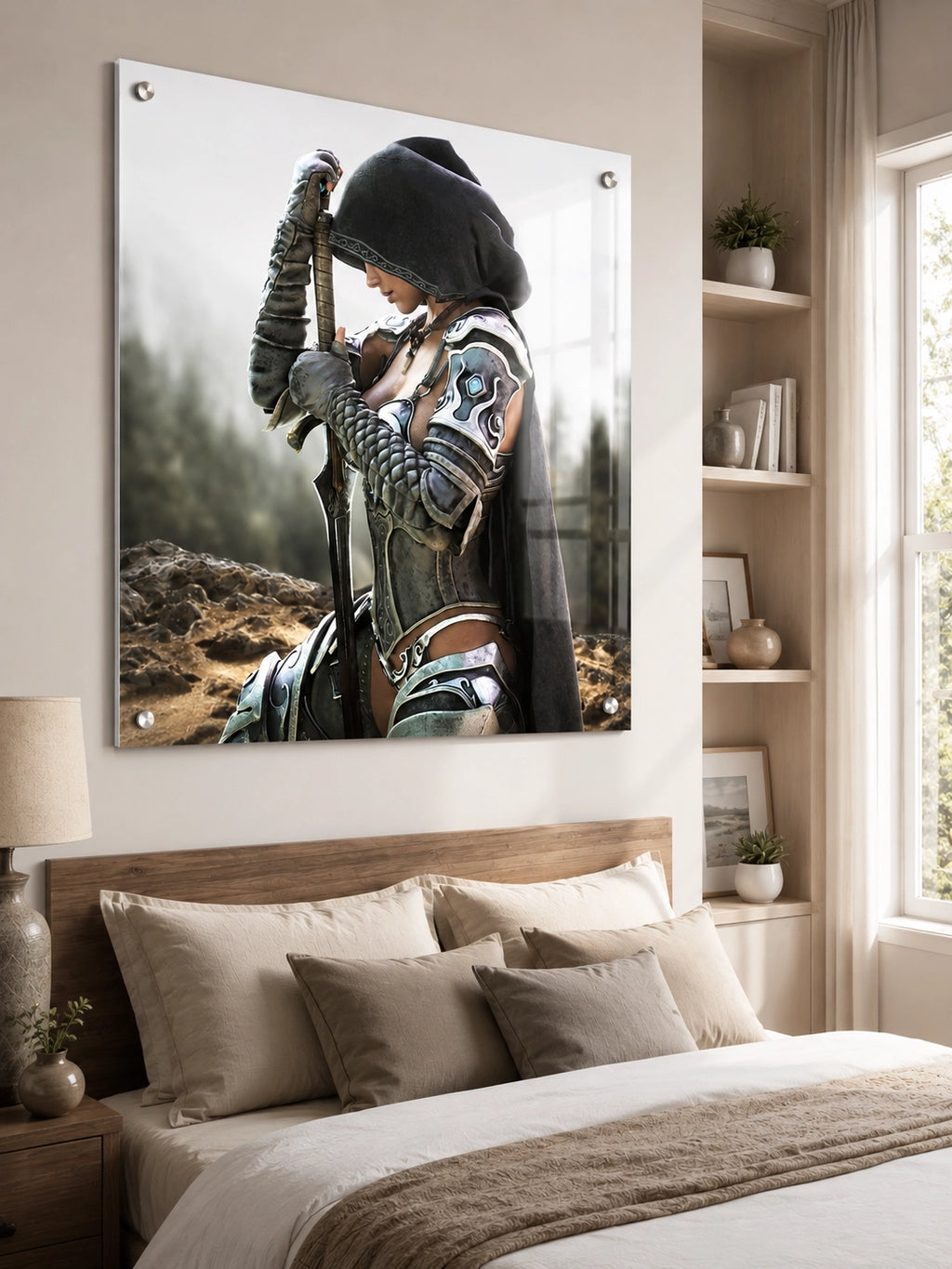 Handcrafted fantasy artwork featuring a hooded female knight kneeling in prayer with both hands resting on a ceremonial sword, wearing ornate medieval armor against a rugged mountain landscape. Premium wall art for fantasy collectors, RPG enthusiasts, gaming rooms, libraries, and medieval décor.